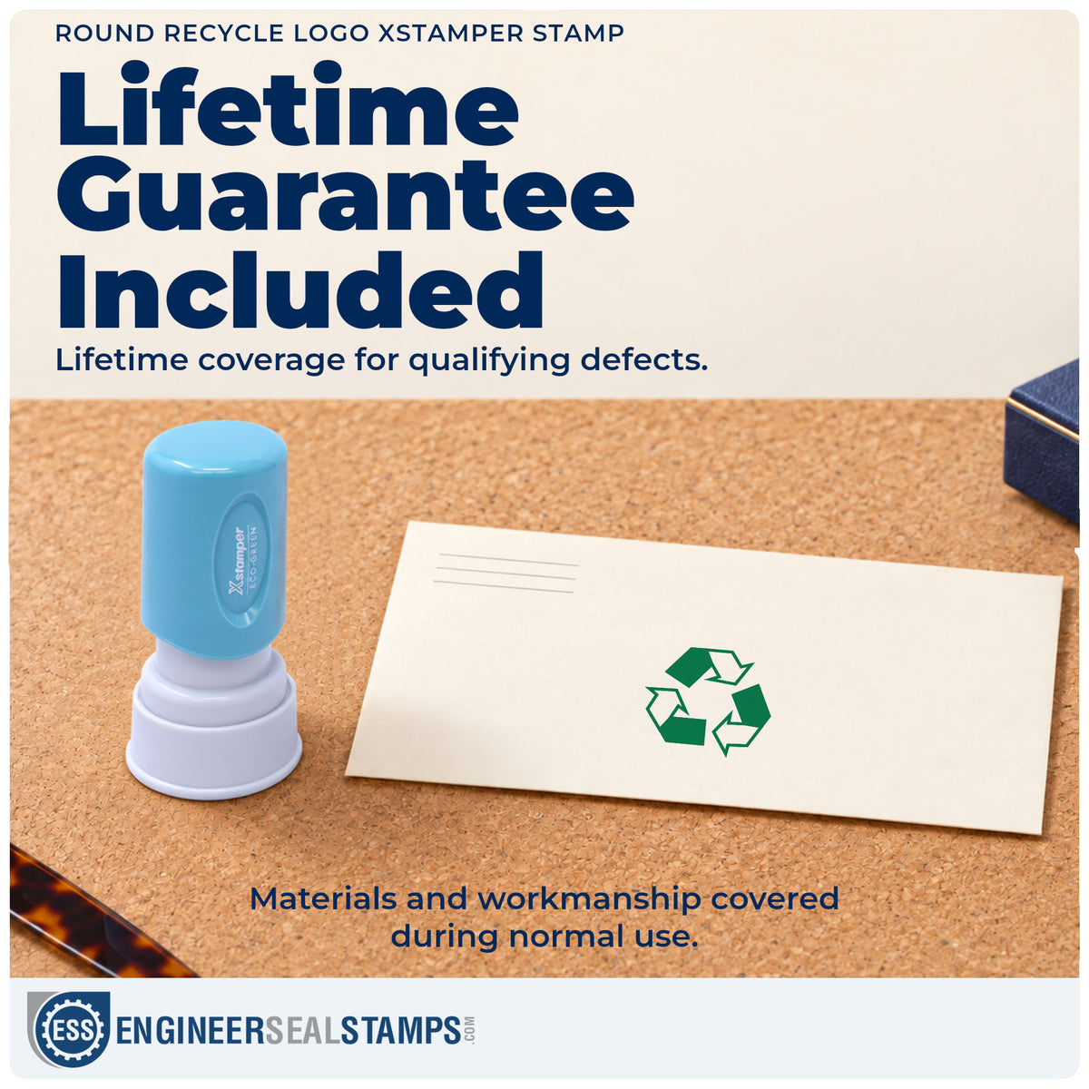 Lifetime guarantee coverage on the "Recycle logo" Xstamper pre-inked stamp