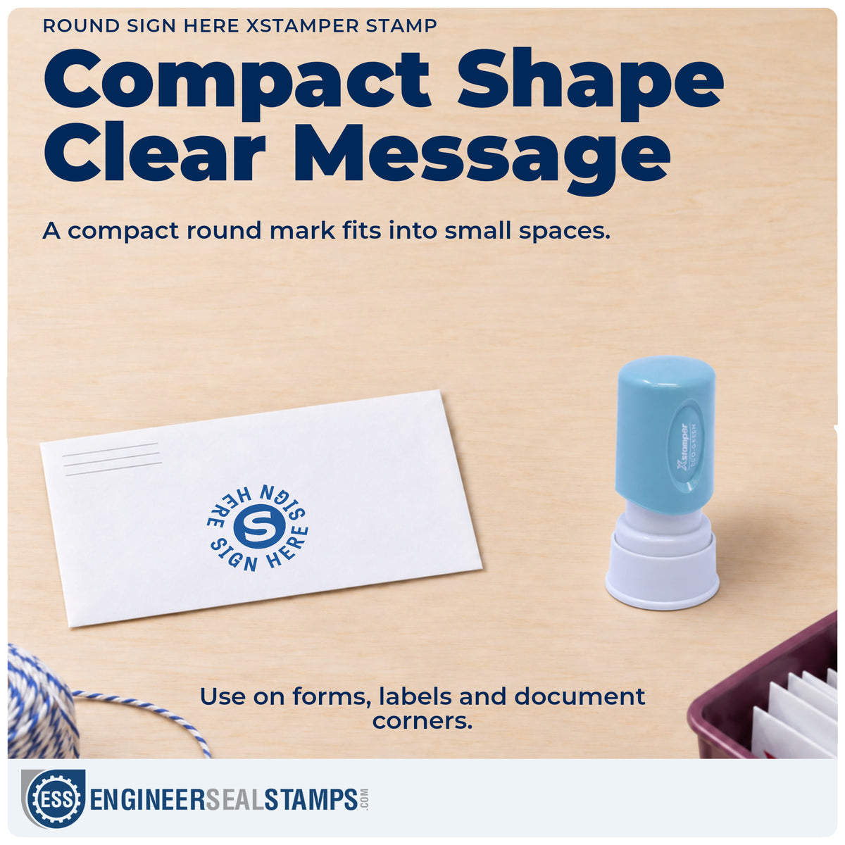 Features of the "Sign here" Xstamper No. 11424 pre-inked stamp