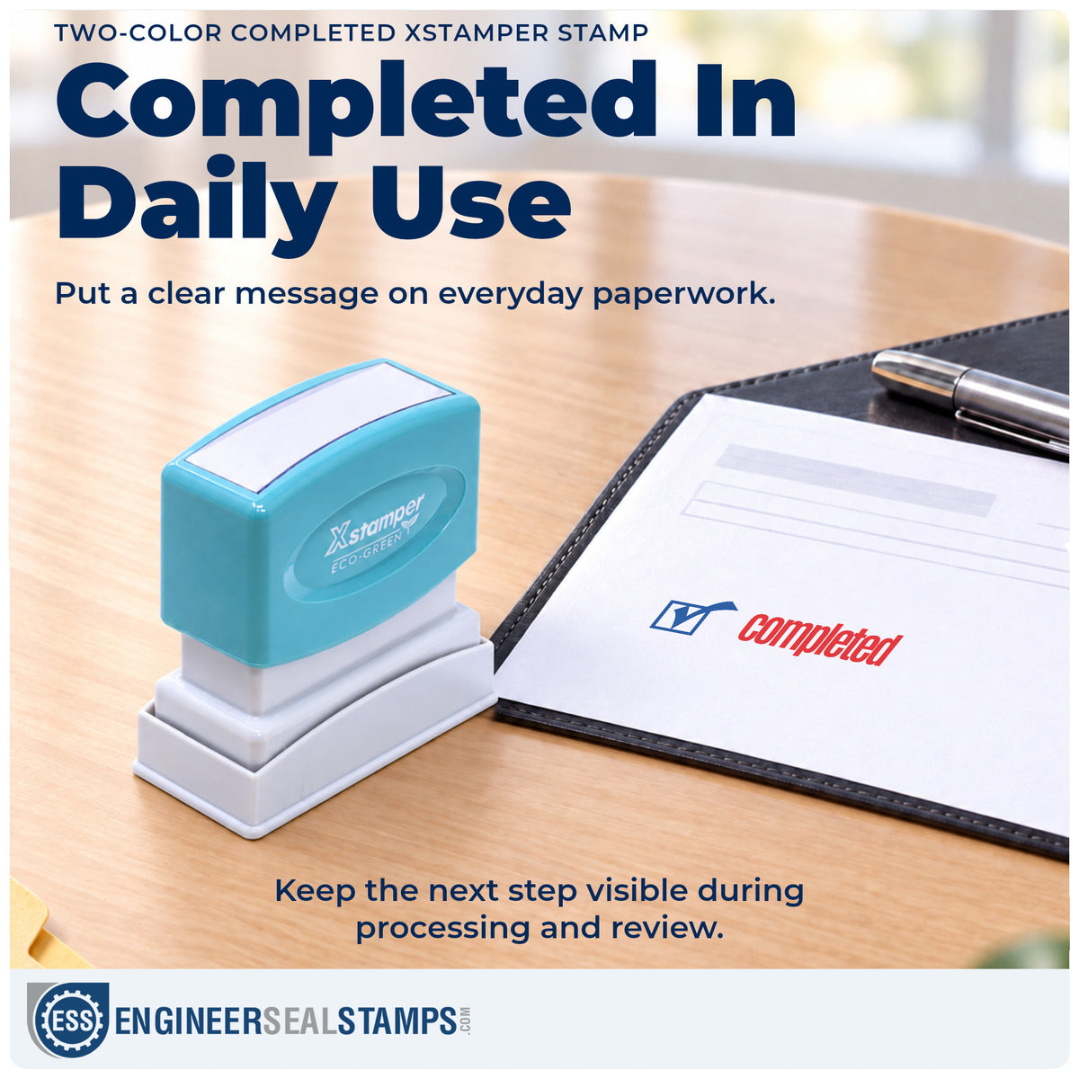 "Completed" stamp being pressed onto a document during everyday filing