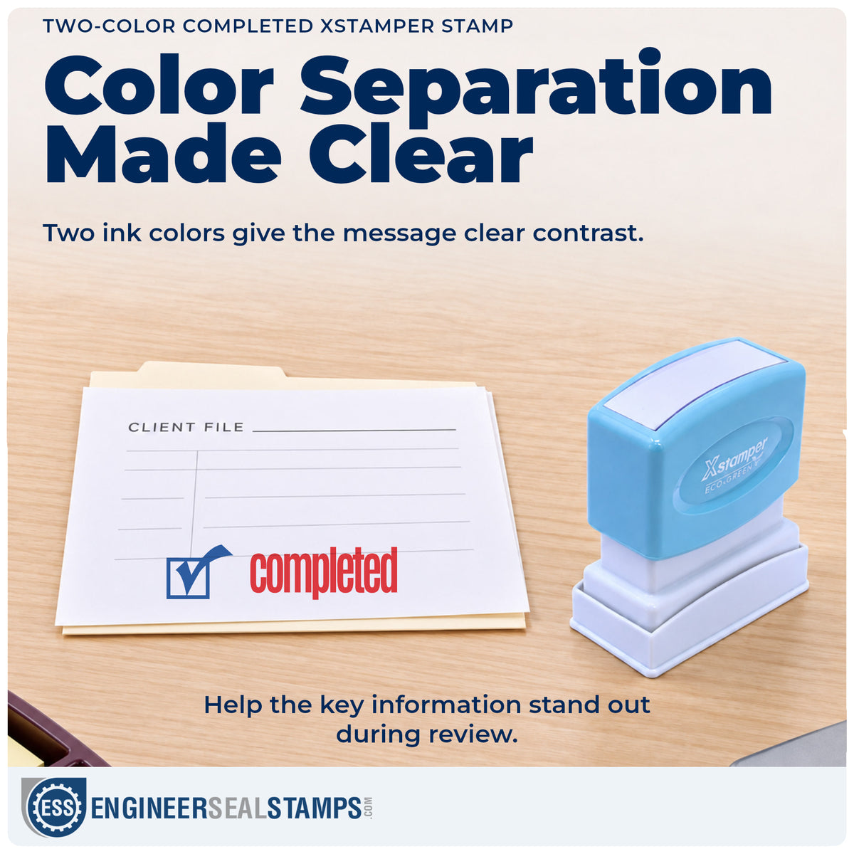 Features of the "Completed" Xstamper No. 2026 pre-inked stamp