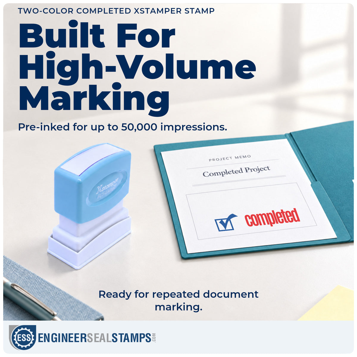 Re-inkable "Completed" stamp built for thousands of repeat impressions