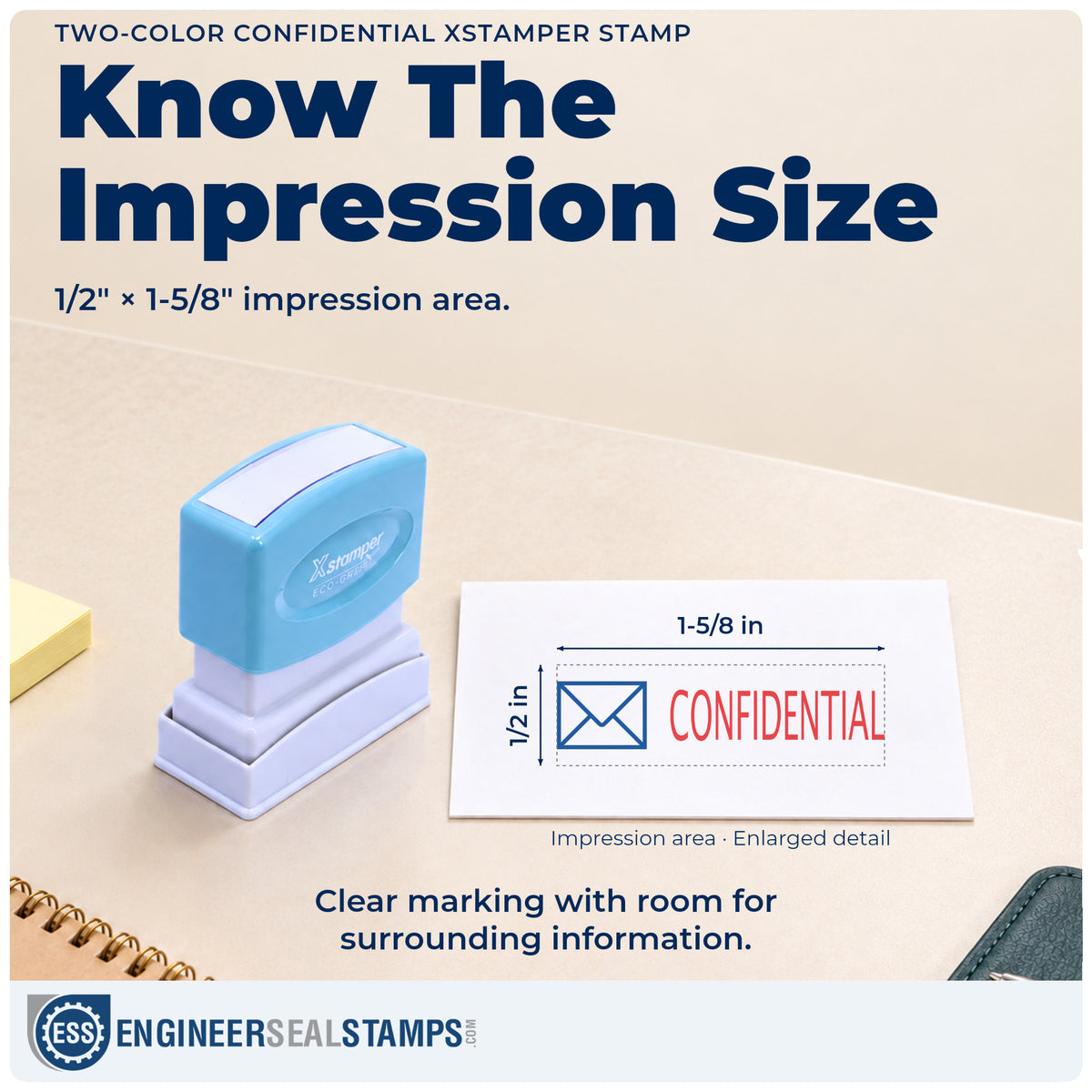 Impression size guide: the "Confidential" imprint measures 1/2 x 1-5/8 in