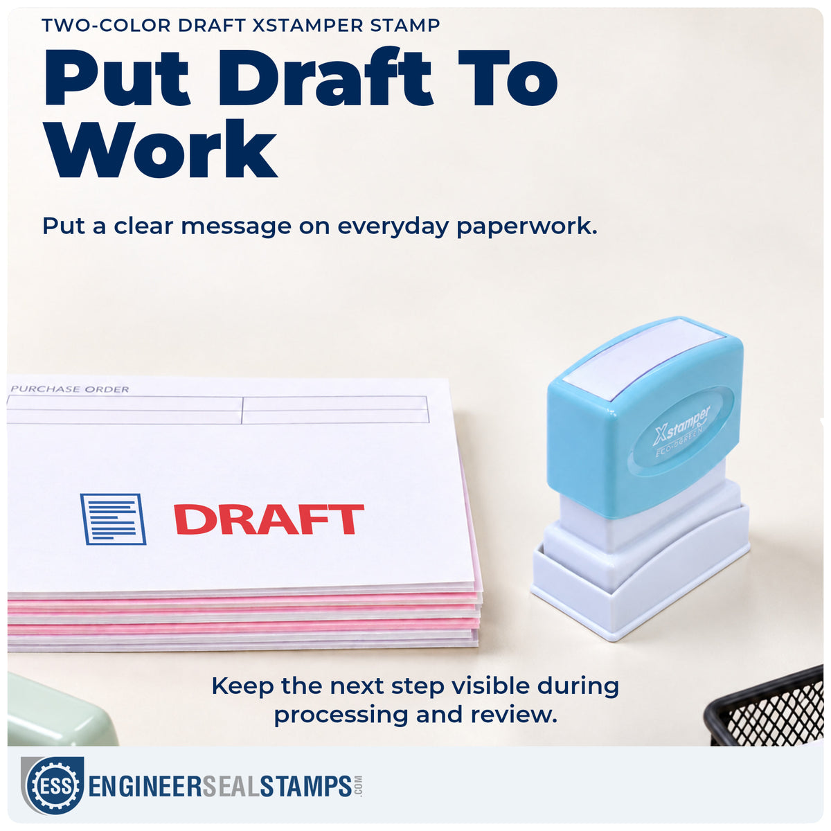 "Draft" stamp being pressed onto a document during everyday filing
