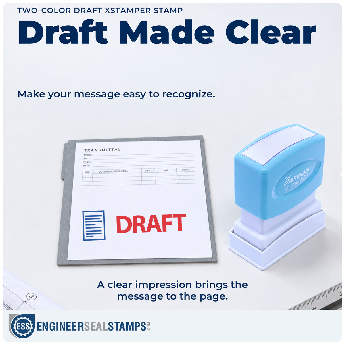 "Draft" imprint on office paperwork beside the Two-Color Draft Document Stamp – Pre-Inked Xstamper