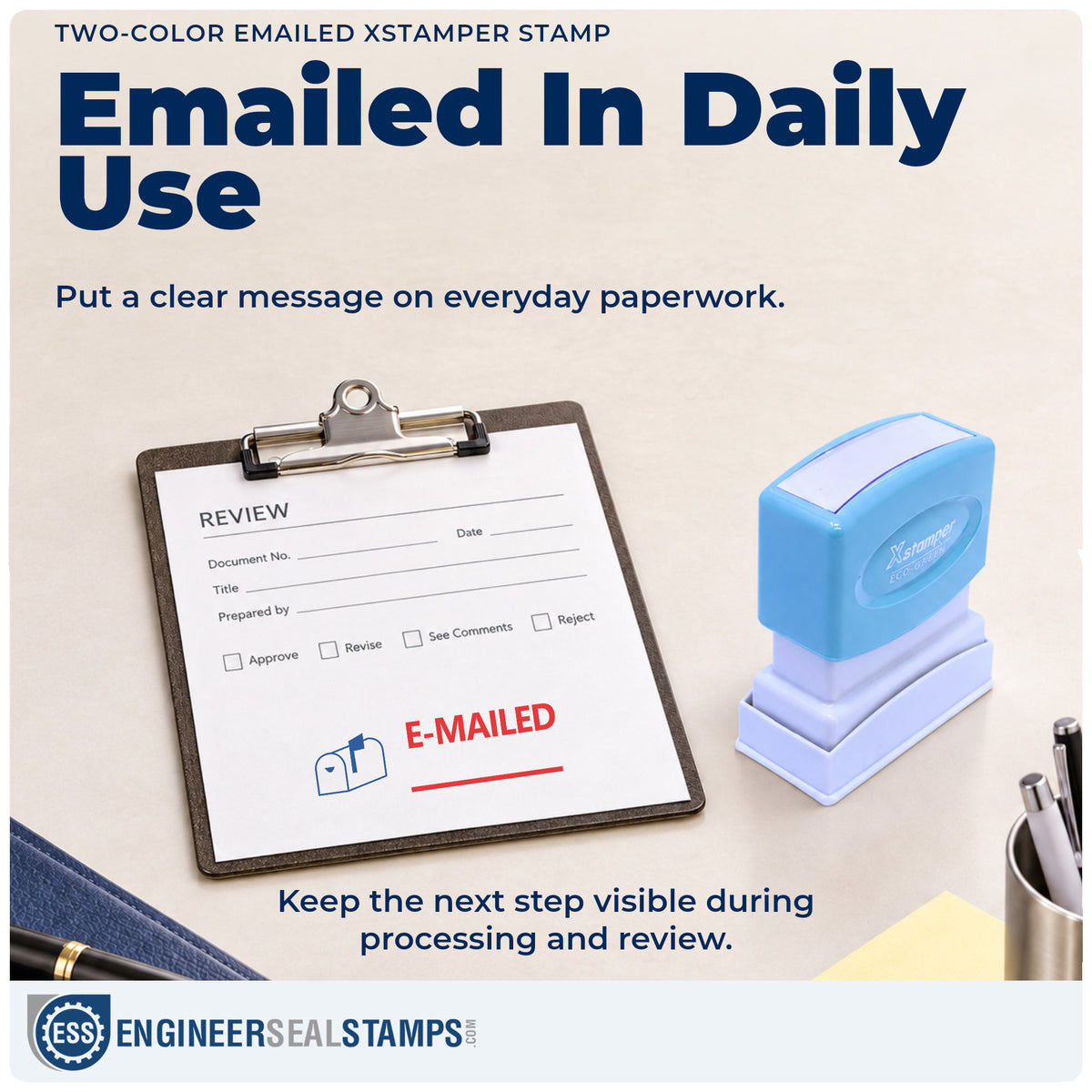 "Emailed" stamp being pressed onto a document during everyday filing