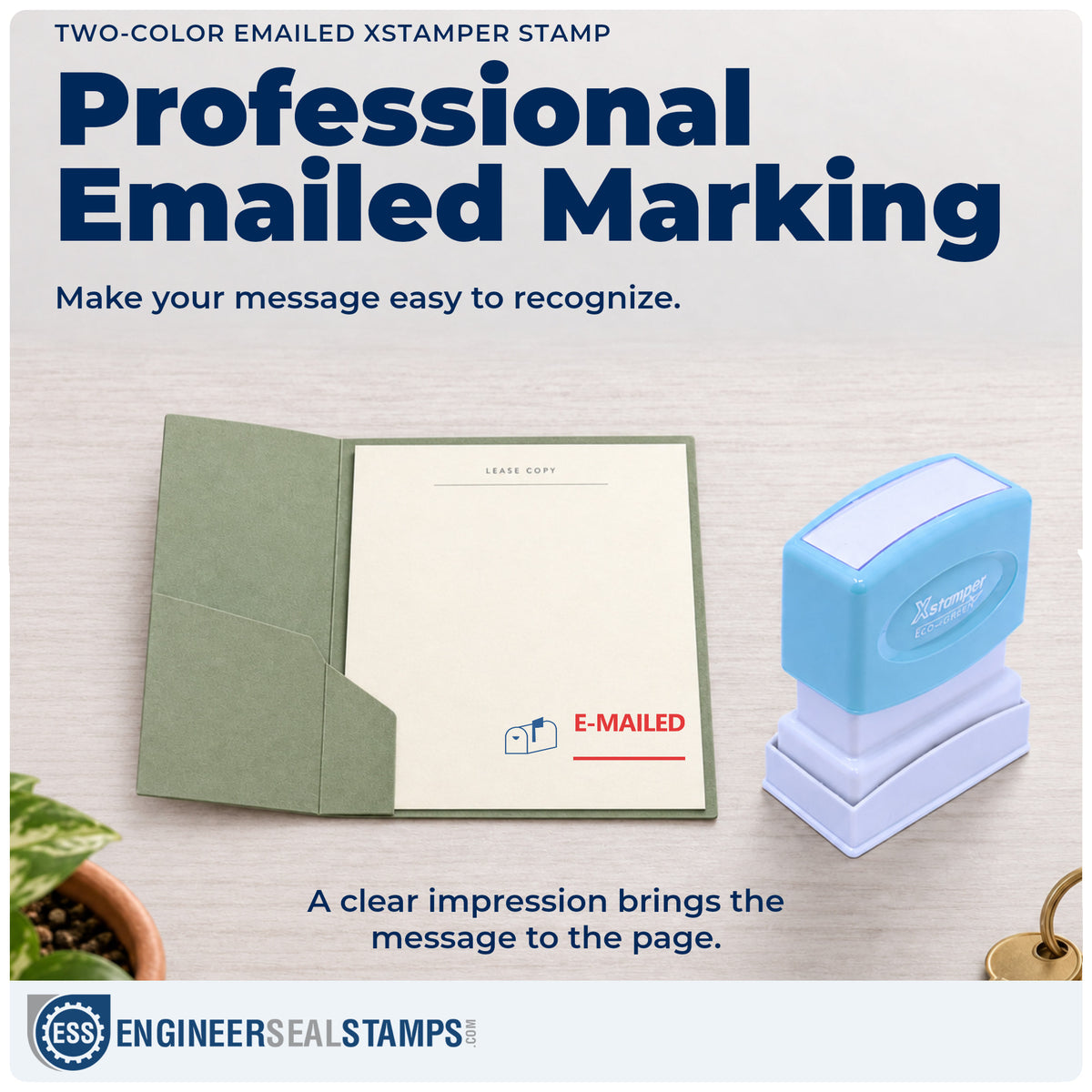 "Emailed" imprint on office paperwork beside the Emailed Stamp – Two-Color Pre-Inked Xstamper