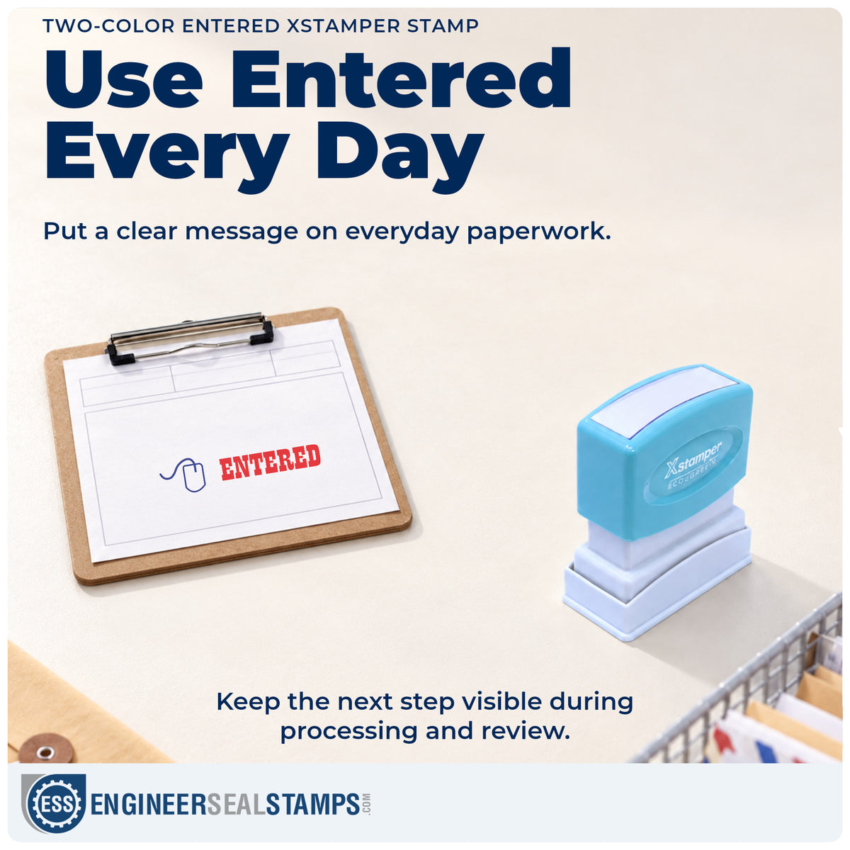 "Entered" stamp being pressed onto a document during everyday filing