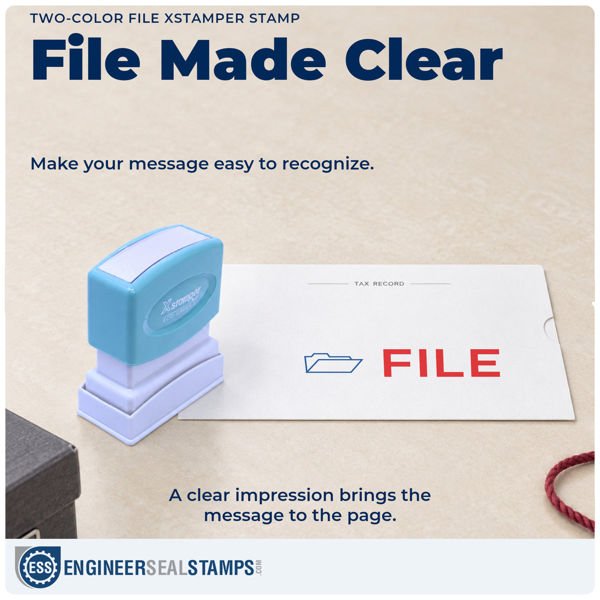 "File" imprint on office paperwork beside the Two-Color File Document Stamp – Pre-Inked Xstamper