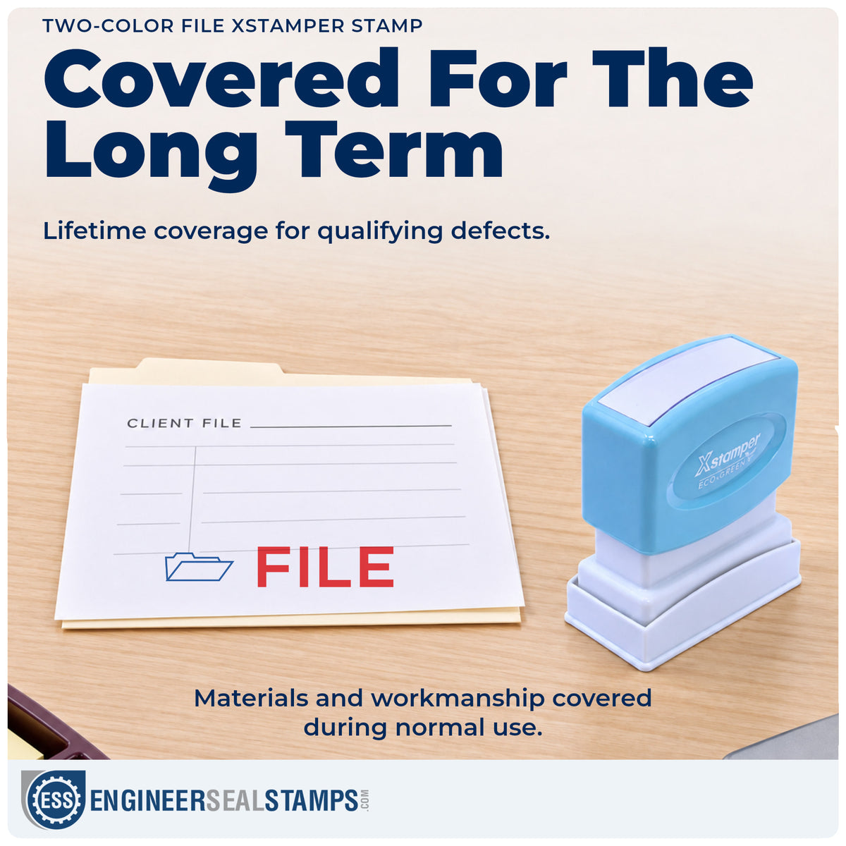 Lifetime guarantee coverage on the "File" Xstamper pre-inked stamp