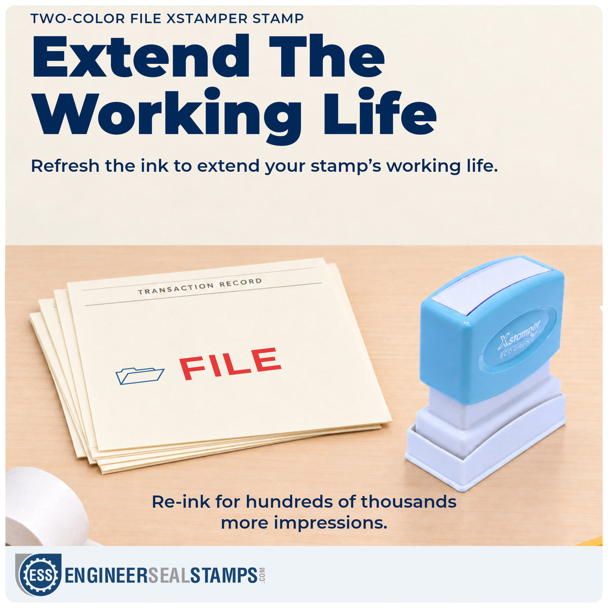 Re-inkable "File" stamp built for thousands of repeat impressions