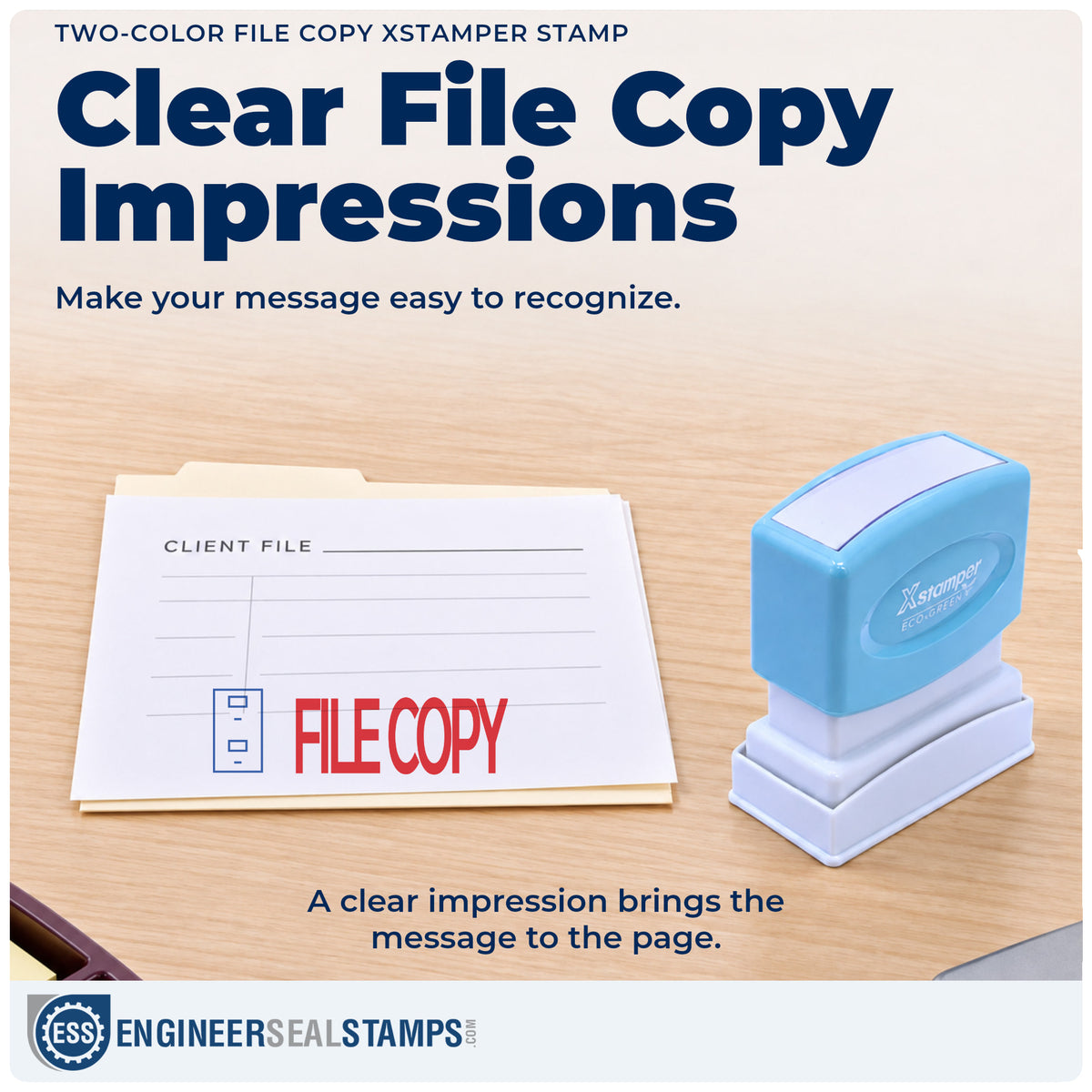 "File copy" imprint on office paperwork beside the Two-Color File Copy Stamp – Pre-Inked Xstamper