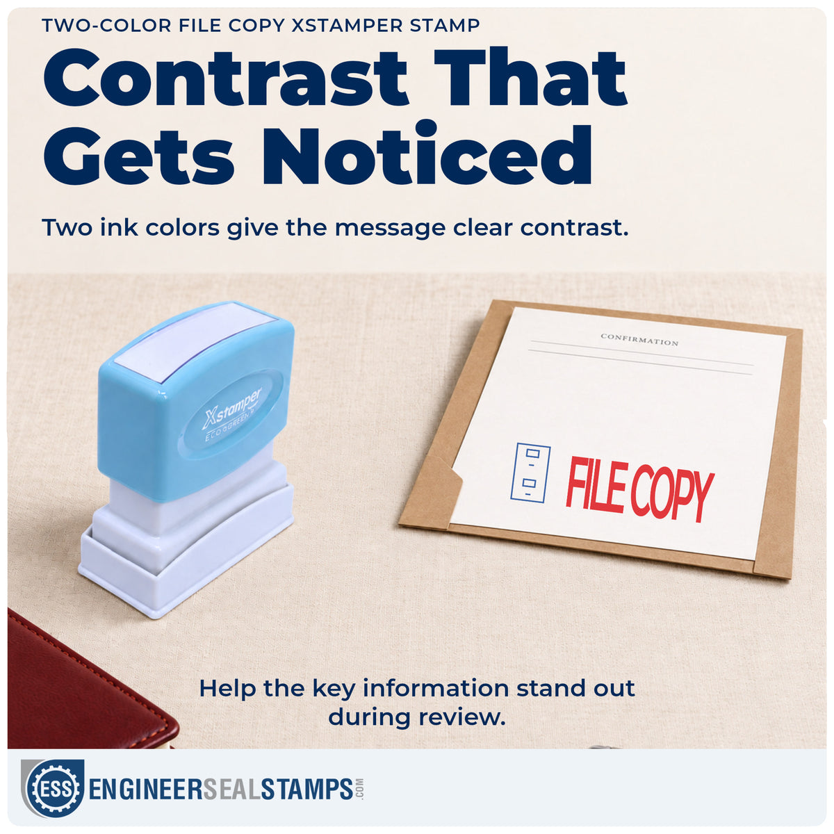 Features of the "File copy" Xstamper No. 2032 pre-inked stamp