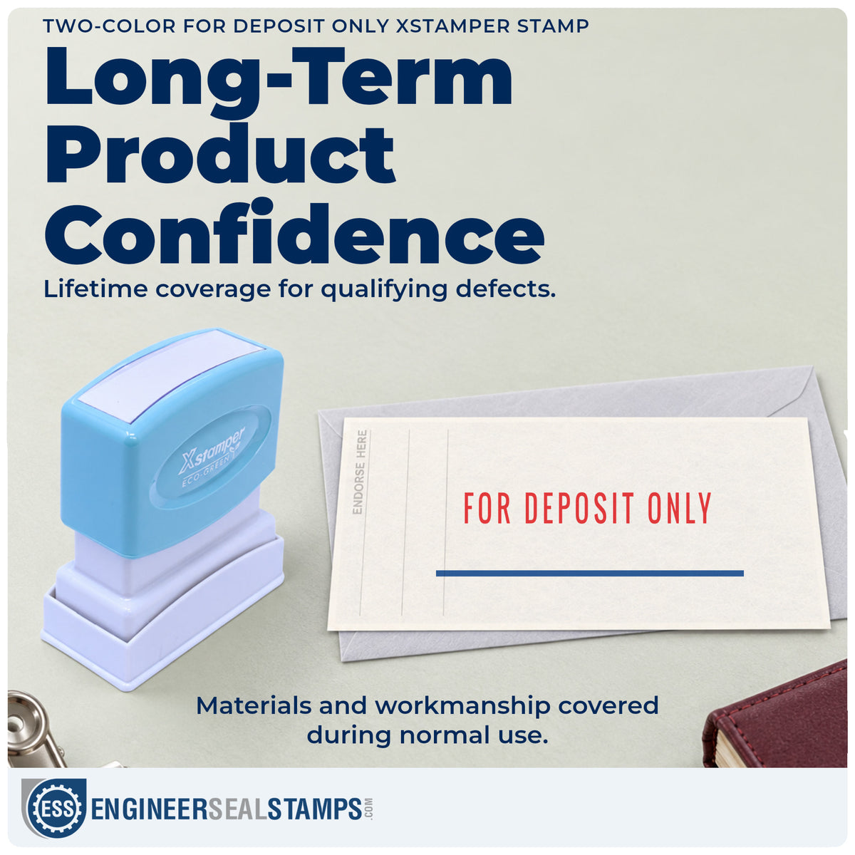 Lifetime guarantee coverage on the "For deposit only" Xstamper pre-inked stamp