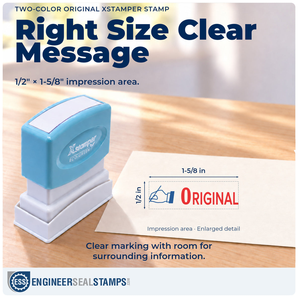 Impression size guide: the "Original" imprint measures Approximately 1/2 in tall x 1-5/8 in wide