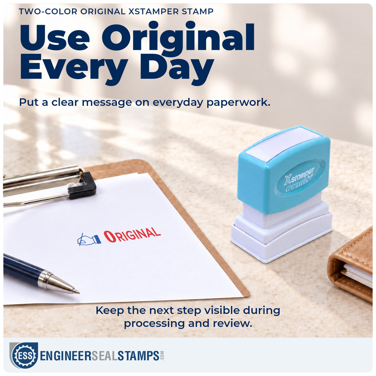 "Original" stamp being pressed onto a document during everyday filing