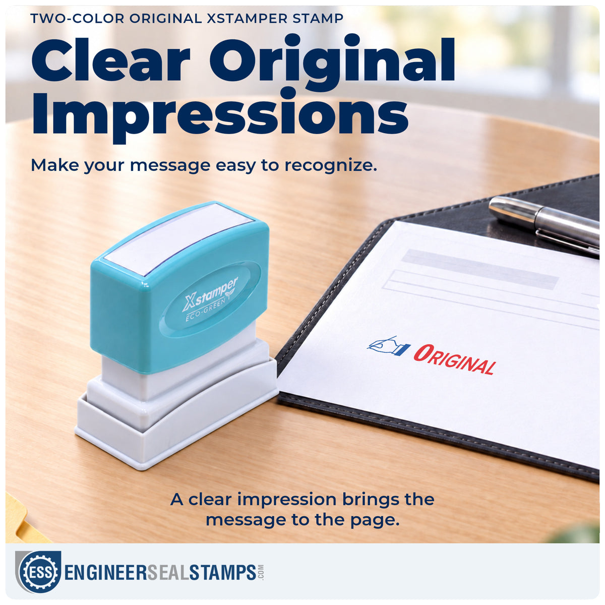 "Original" imprint on office paperwork beside the Two-Color Original Document Stamp – Pre-Inked Xstamper