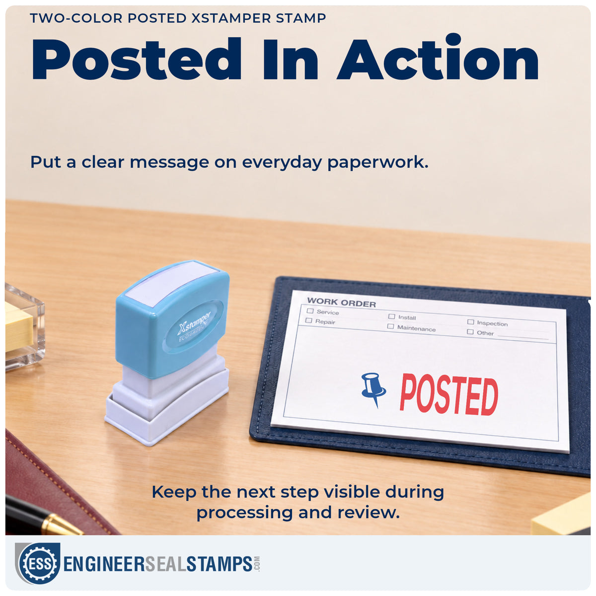 "Posted" stamp being pressed onto a document during everyday filing