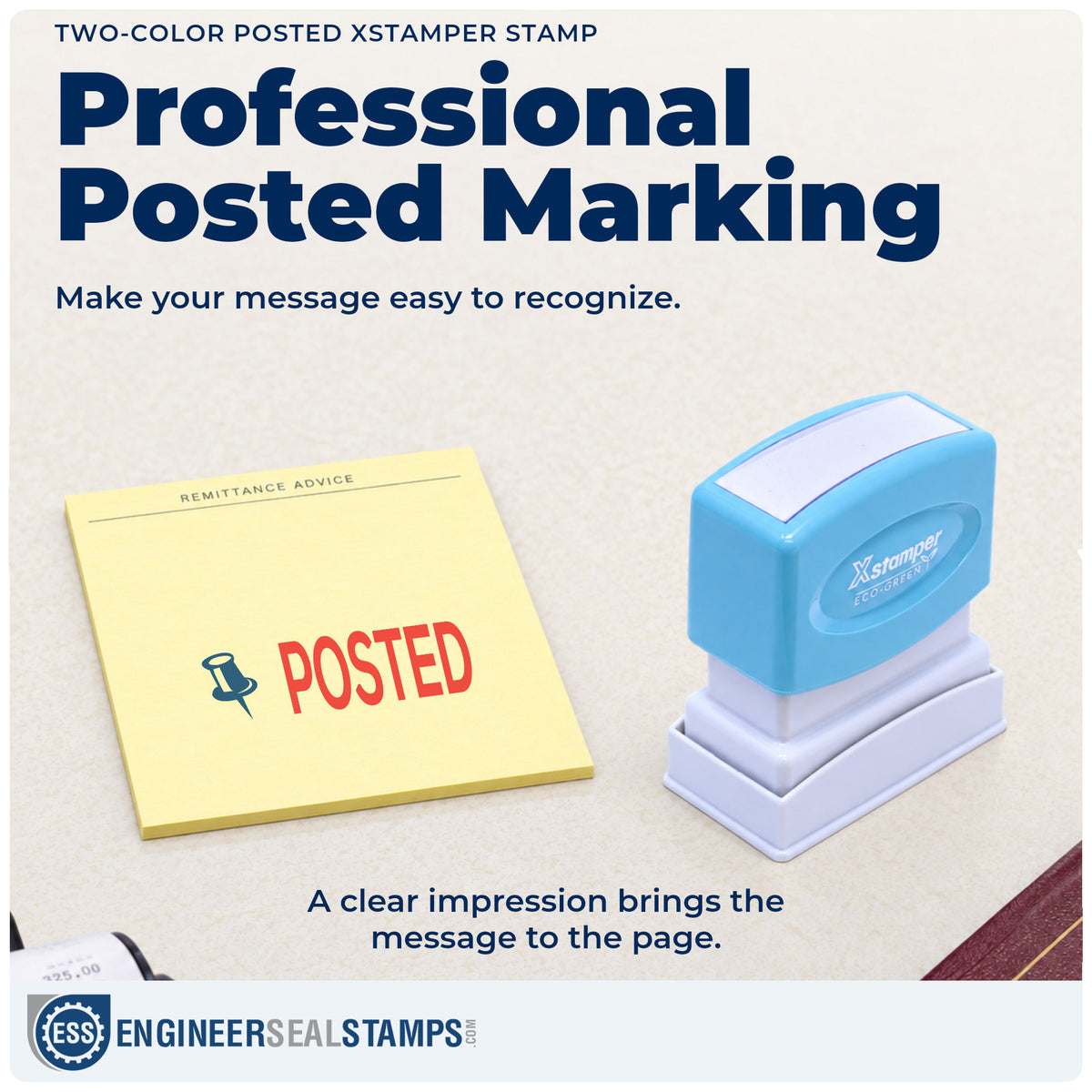 "Posted" imprint on office paperwork beside the Two-Color Posted Record Stamp – Pre-Inked Xstamper