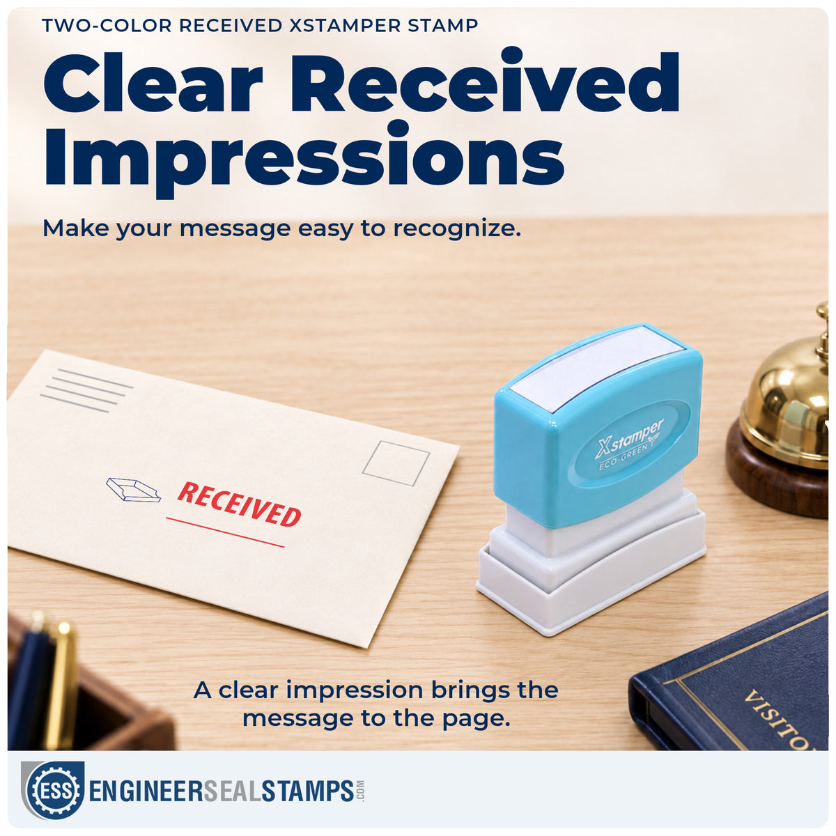 "Received" imprint on office paperwork beside the Received Document Stamp – Two-Color Pre-Inked Xstamper