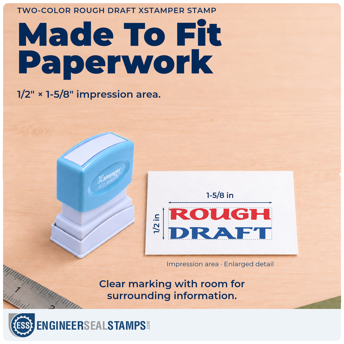 Impression size guide: the "Rough draft" imprint measures 1/2 x 1-5/8 in
