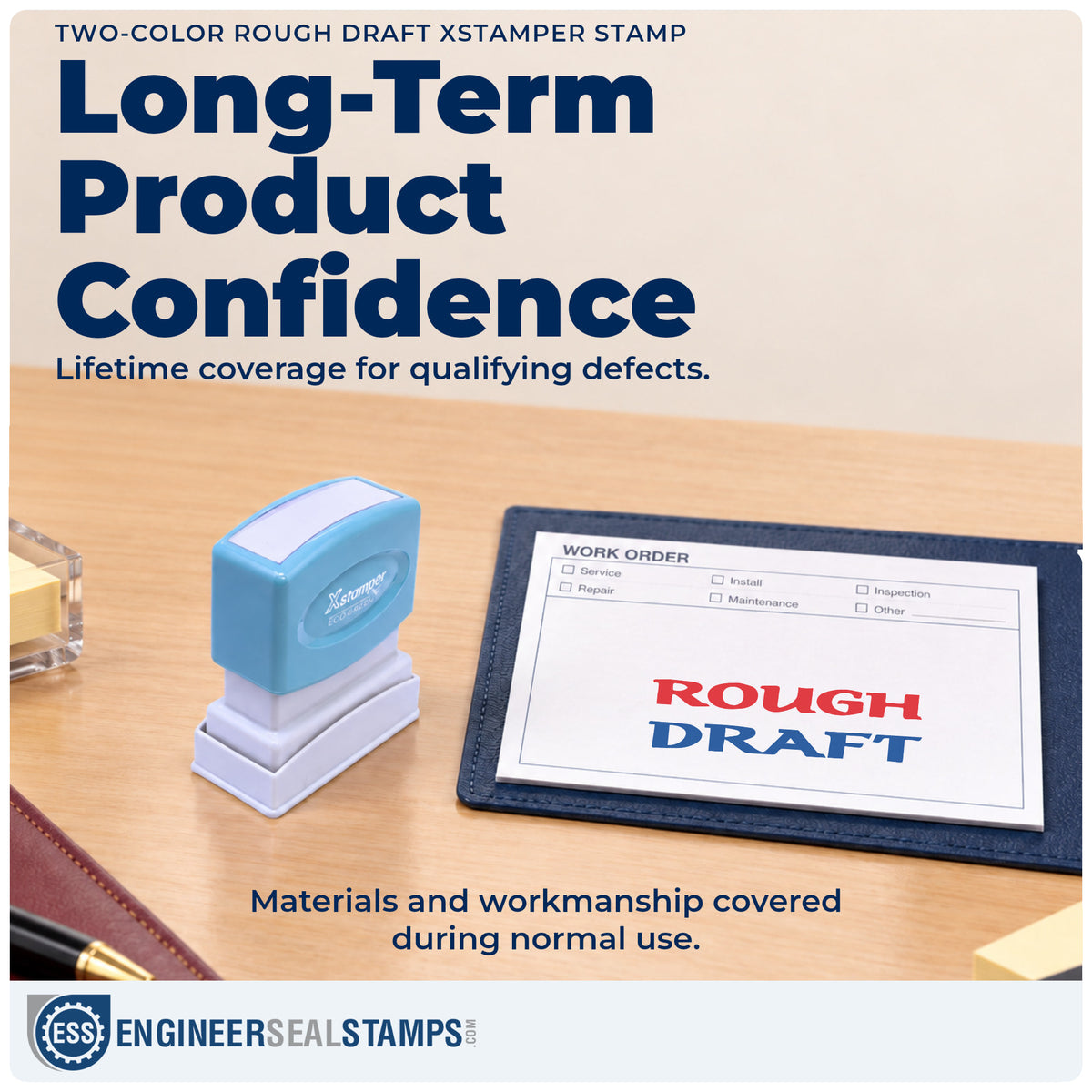 Lifetime guarantee coverage on the "Rough draft" Xstamper pre-inked stamp