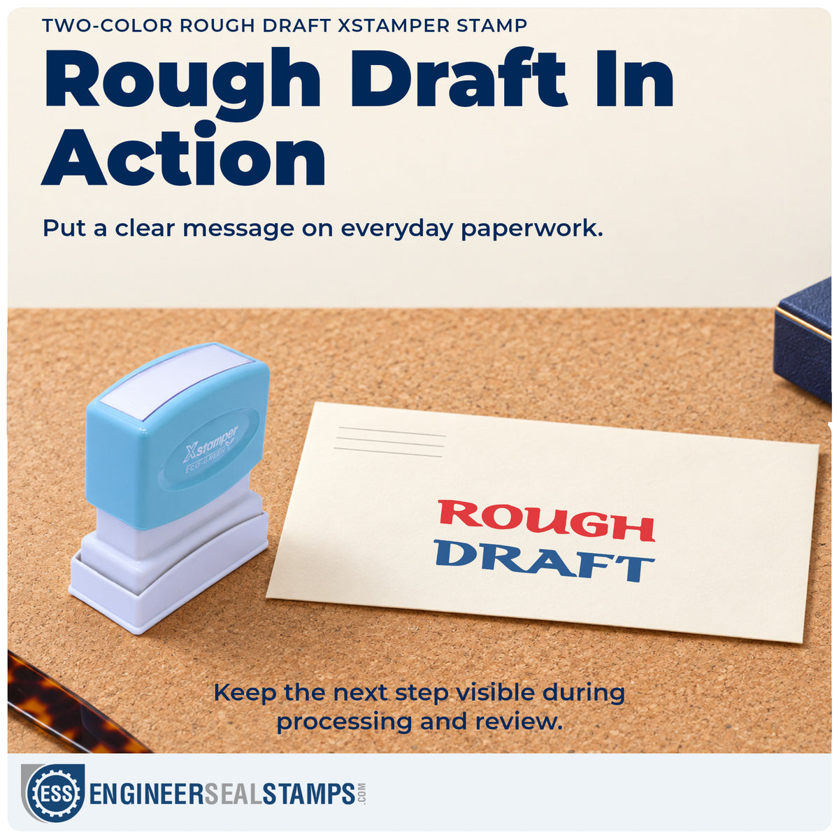 "Rough draft" stamp being pressed onto a document during everyday filing