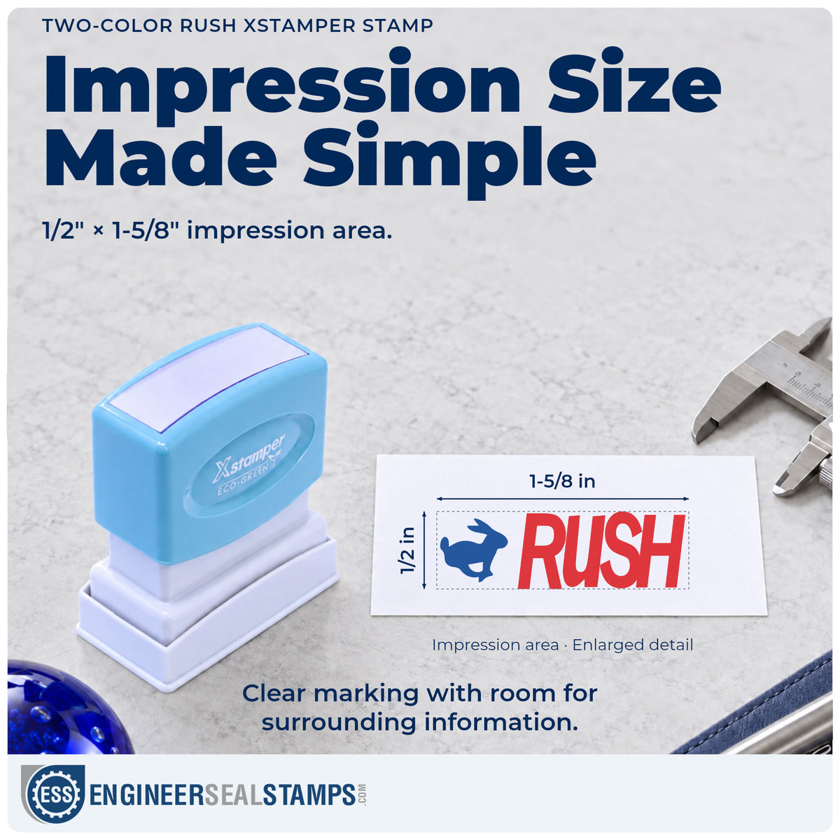 Impression size guide: the "Rush" imprint measures Approximately 1/2 in tall x 1-5/8 in wide