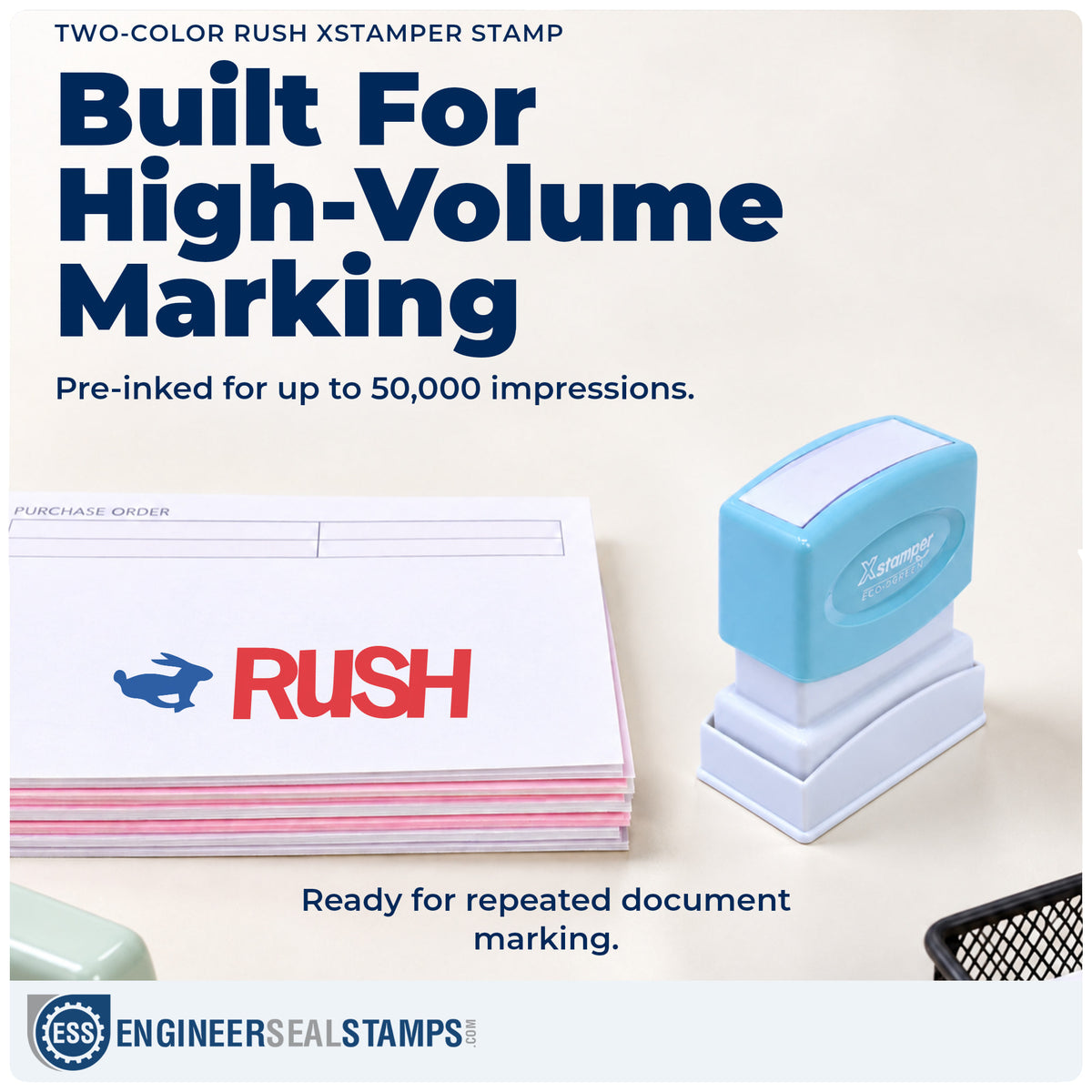 Re-inkable "Rush" stamp built for thousands of repeat impressions