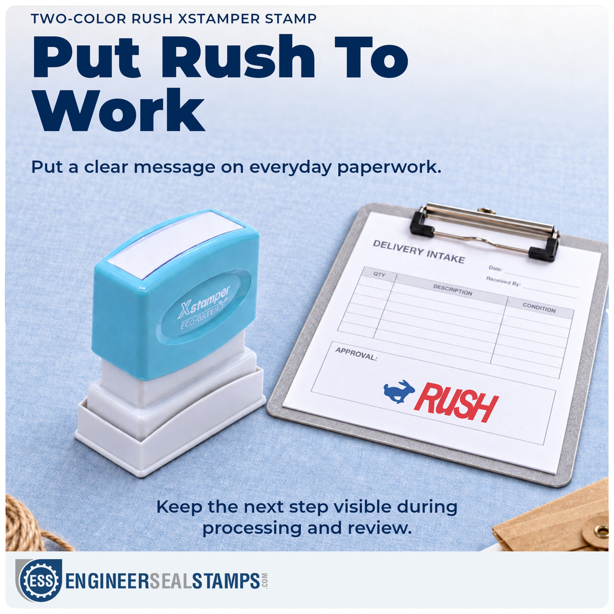 "Rush" stamp being pressed onto a document during everyday filing