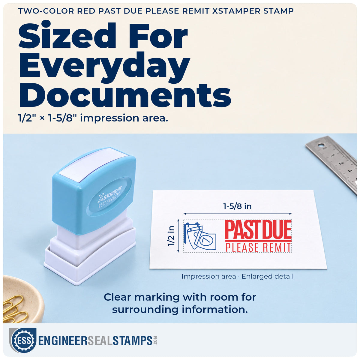 Impression size guide: the "Past due please remit" imprint measures 1/2 x 1-5/8 in
