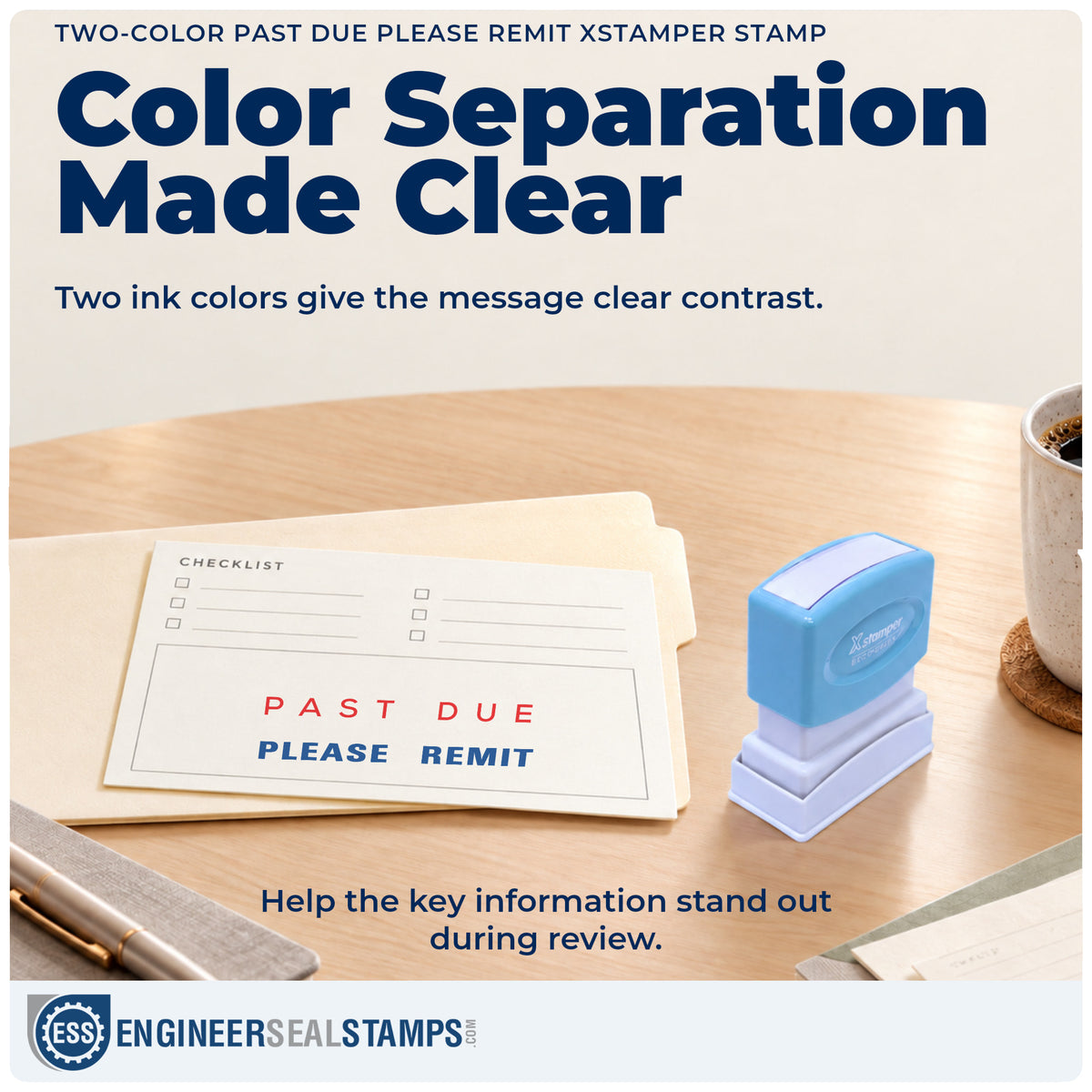 Features of the "Past due please remit" Xstamper No. 2015 pre-inked stamp