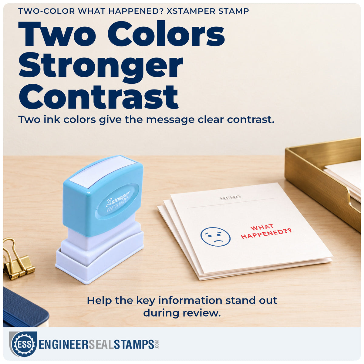 Features of the "What happened?" Xstamper No. 2017 pre-inked stamp