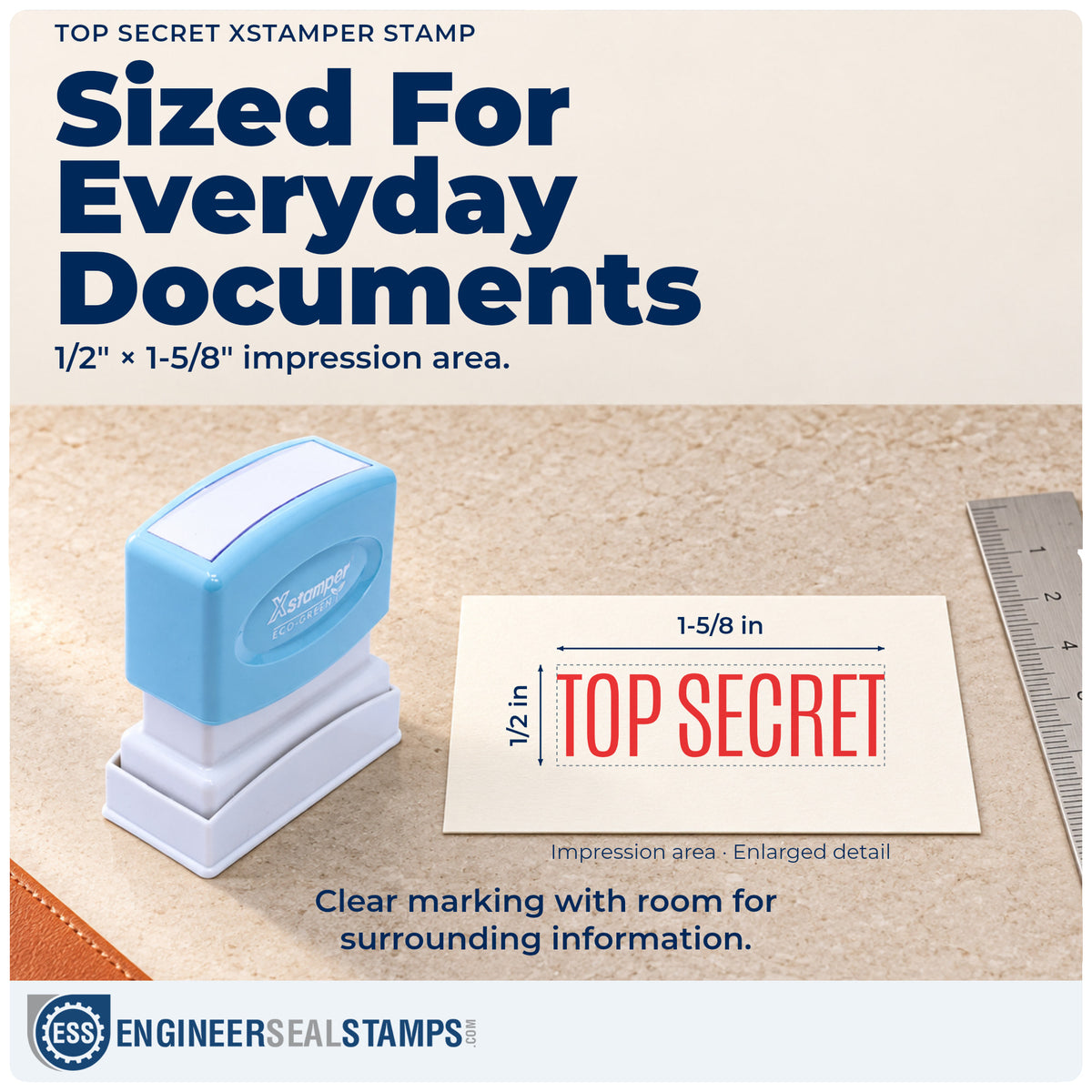 Impression size guide: the "Top secret" imprint measures Approximately 1/2 in tall x 1-5/8 in wide