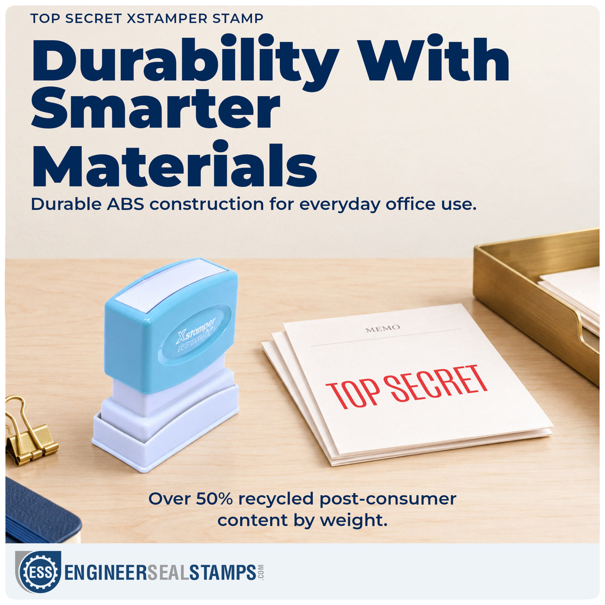 Features of the "Top secret" Xstamper No. 1135 pre-inked stamp