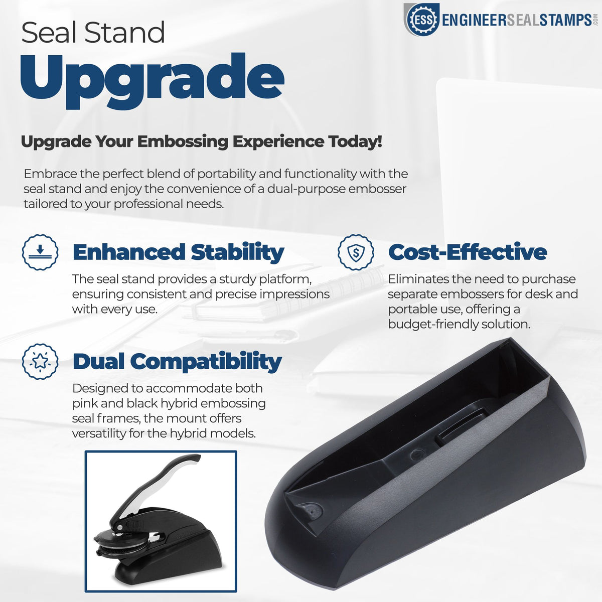 Seal stand upgrade ad with black embossing seal stand, blue headings, and white background for stamp and seal products.