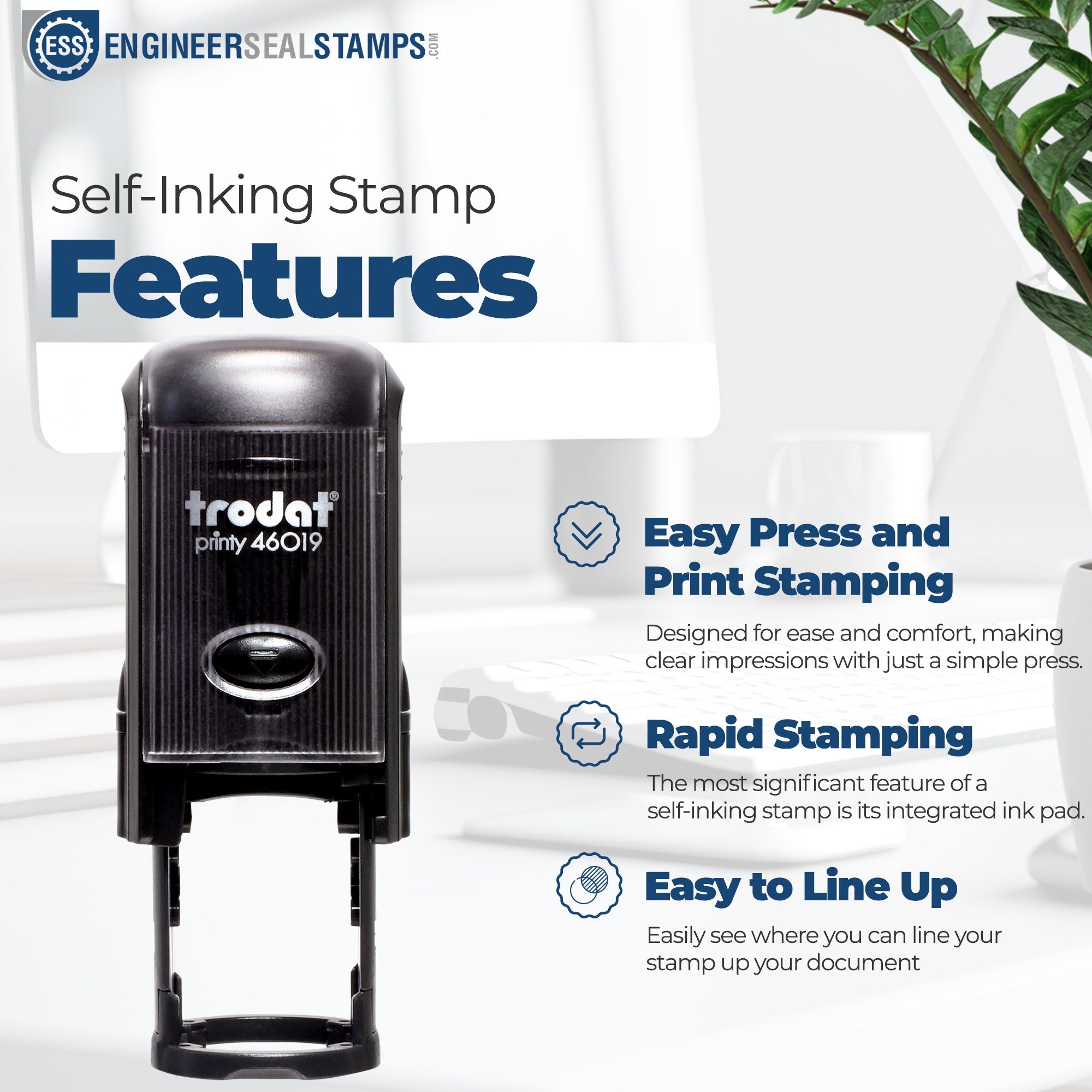 Black Trodat self-inking stamp and seal features graphic with blue text on a white background, showing easy press and rapid stamping.