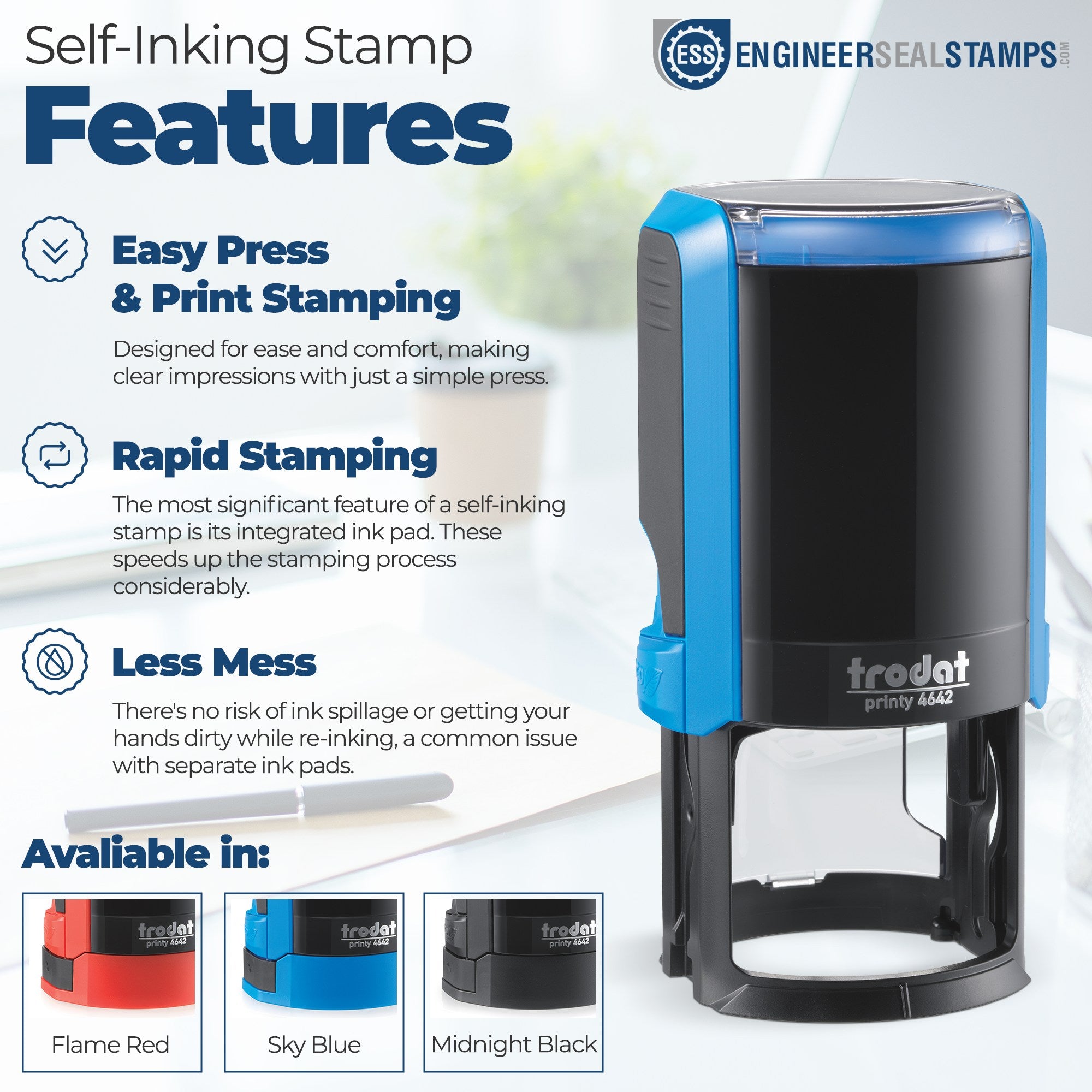 Blue self-inking stamp and seal with easy press, rapid stamping, less mess, and red, sky blue, and black options.