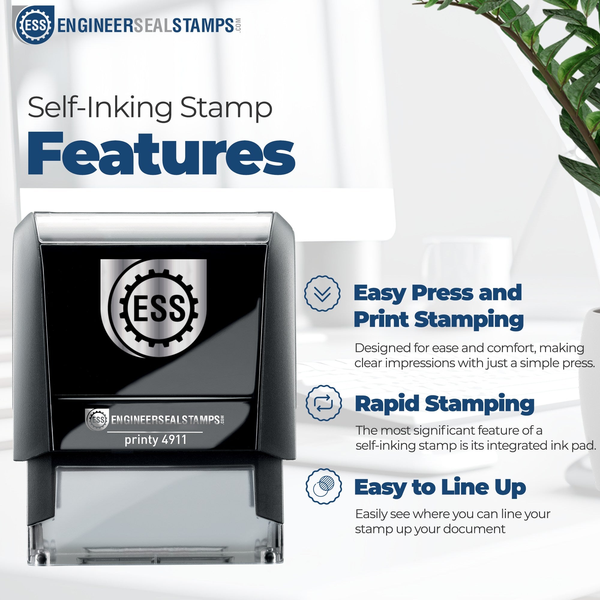 Black and gray self-inking stamp and seal with ESS logo, blue feature text, on a white background.