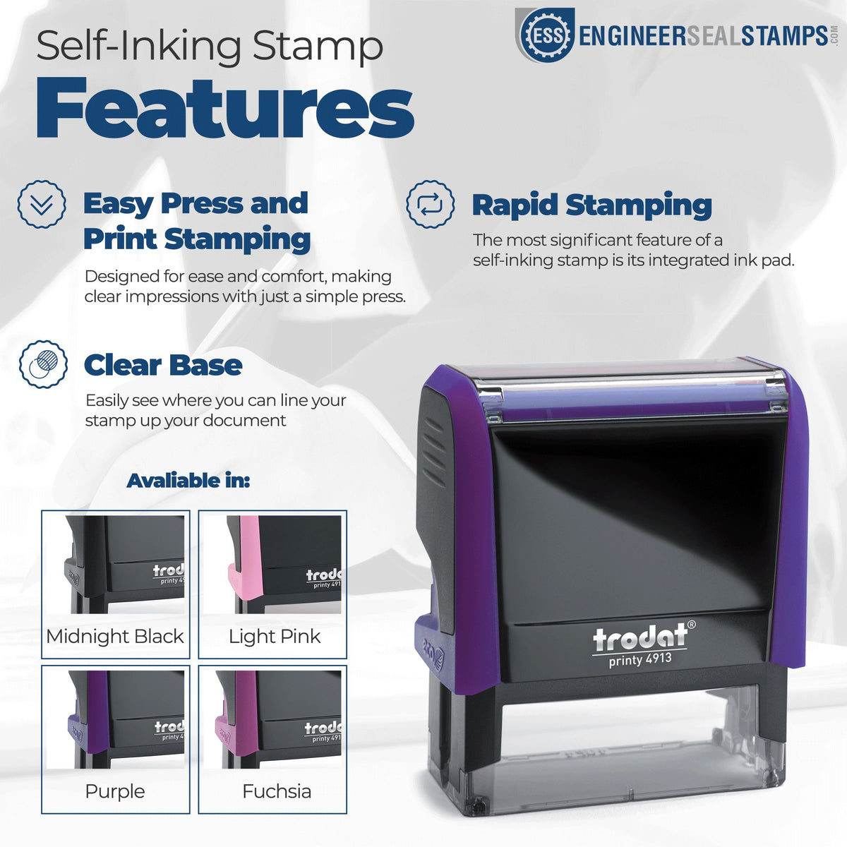 Purple and black self-inking stamp and seal with clear base, shown in multiple color options.