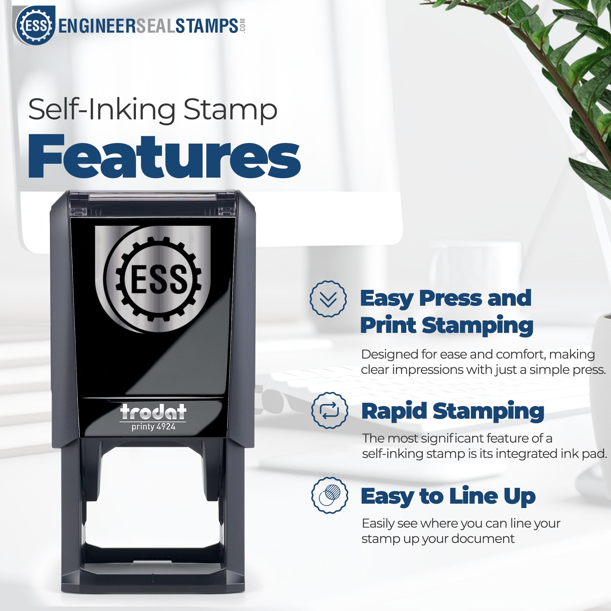 Black ESS self-inking stamp and seal with blue branding, easy press, rapid stamping, and line-up features.