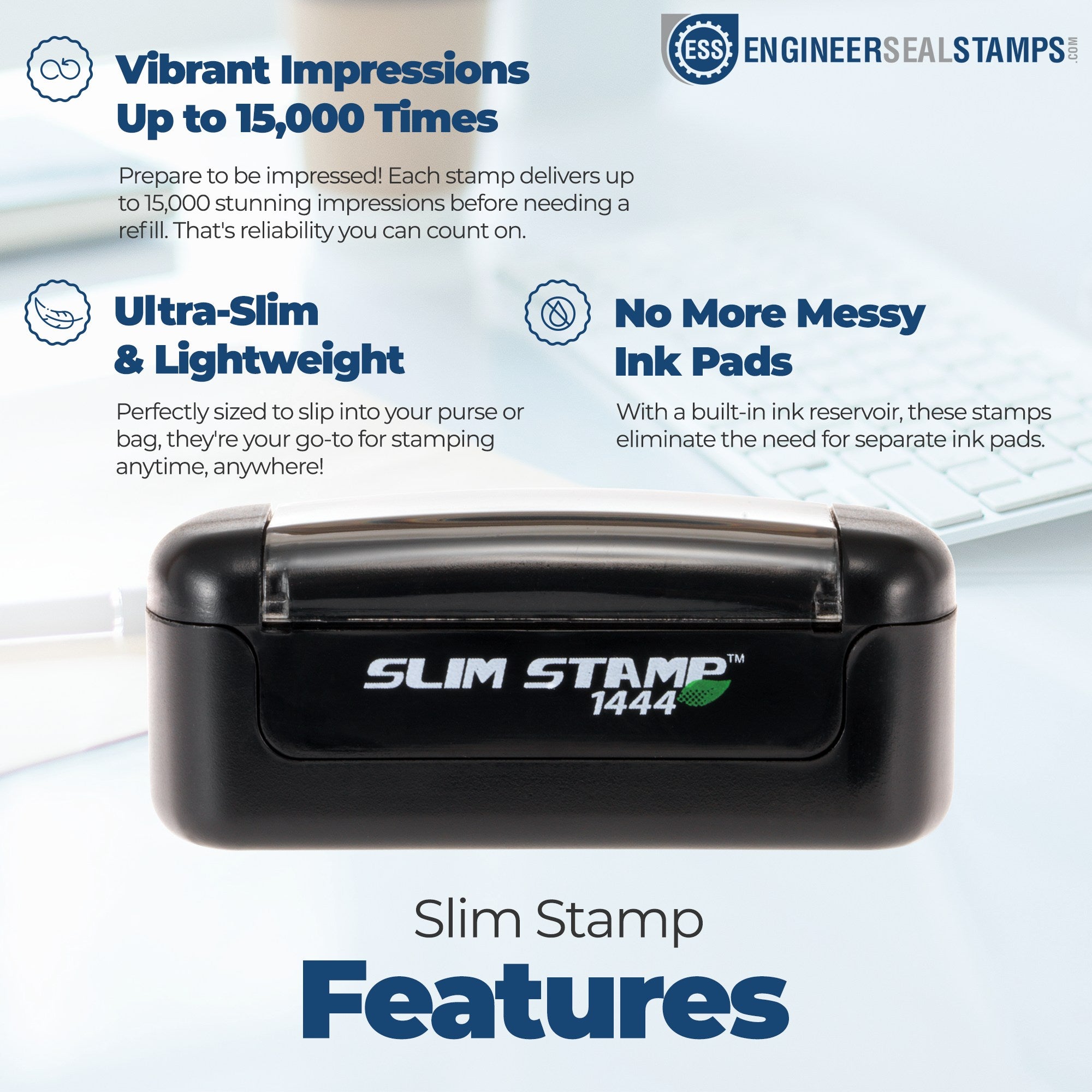 Black slim self-inking stamp and seal with blue feature callouts on a light background, highlighting 15,000 impressions and no-mess ink pads