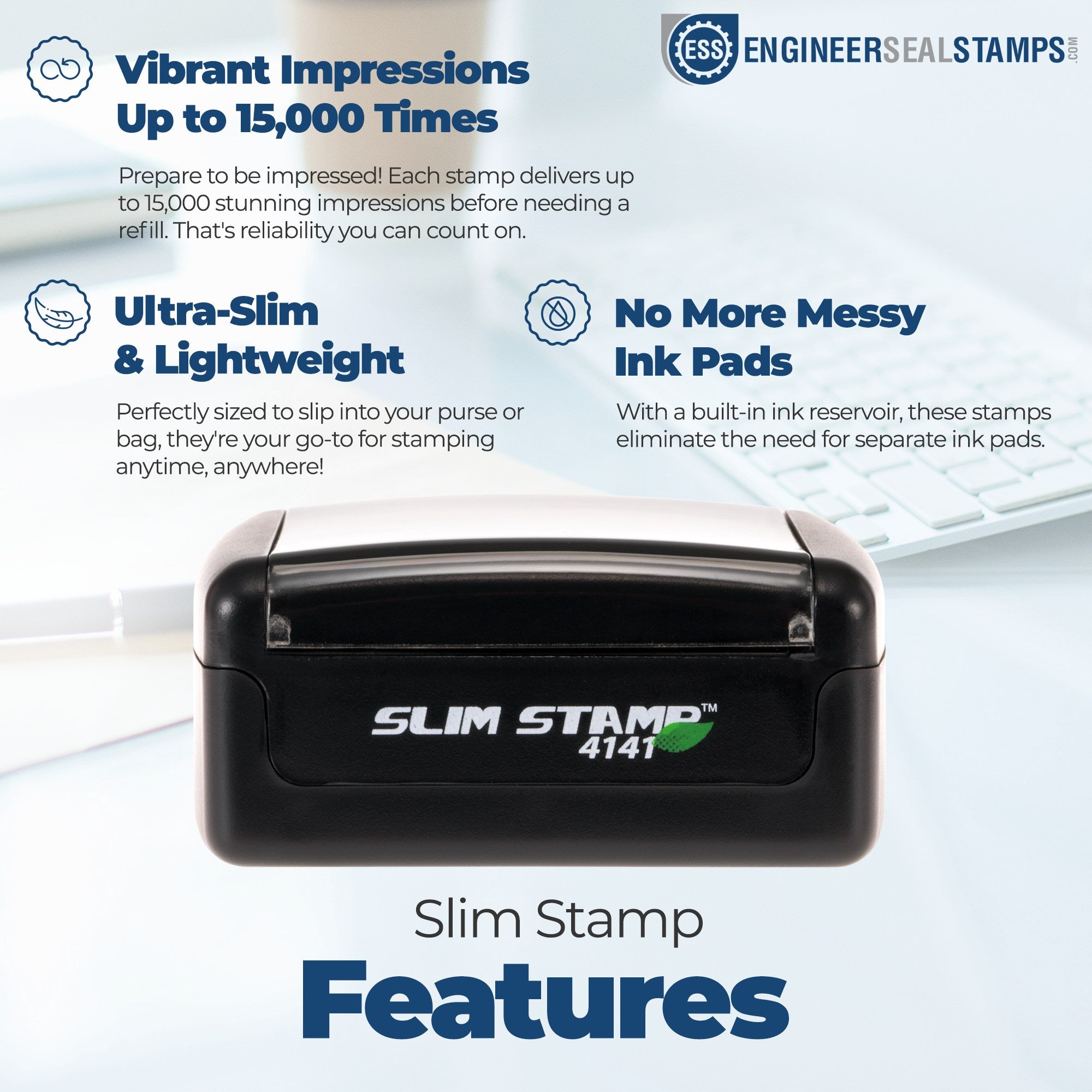 Black Slim Stamp self-inking seal with blue feature text, highlighting 15,000 impressions and no messy ink pads.