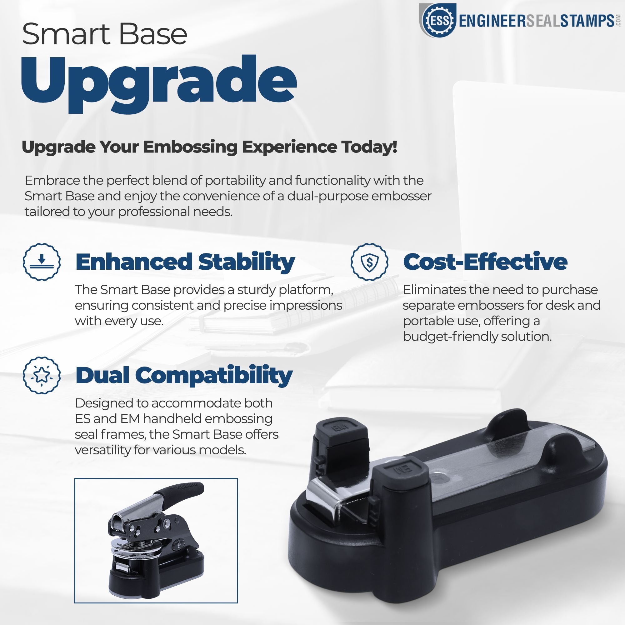 Smart Base embossing seal with black base and silver metal frame, showing desk and portable stamp compatibility.