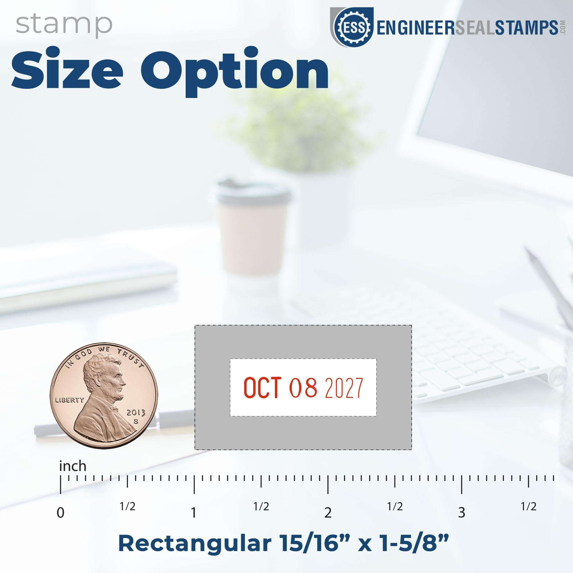 Rectangular 15/16" x 1-5/8" self-inking date stamp and seal with gray border and red date text.