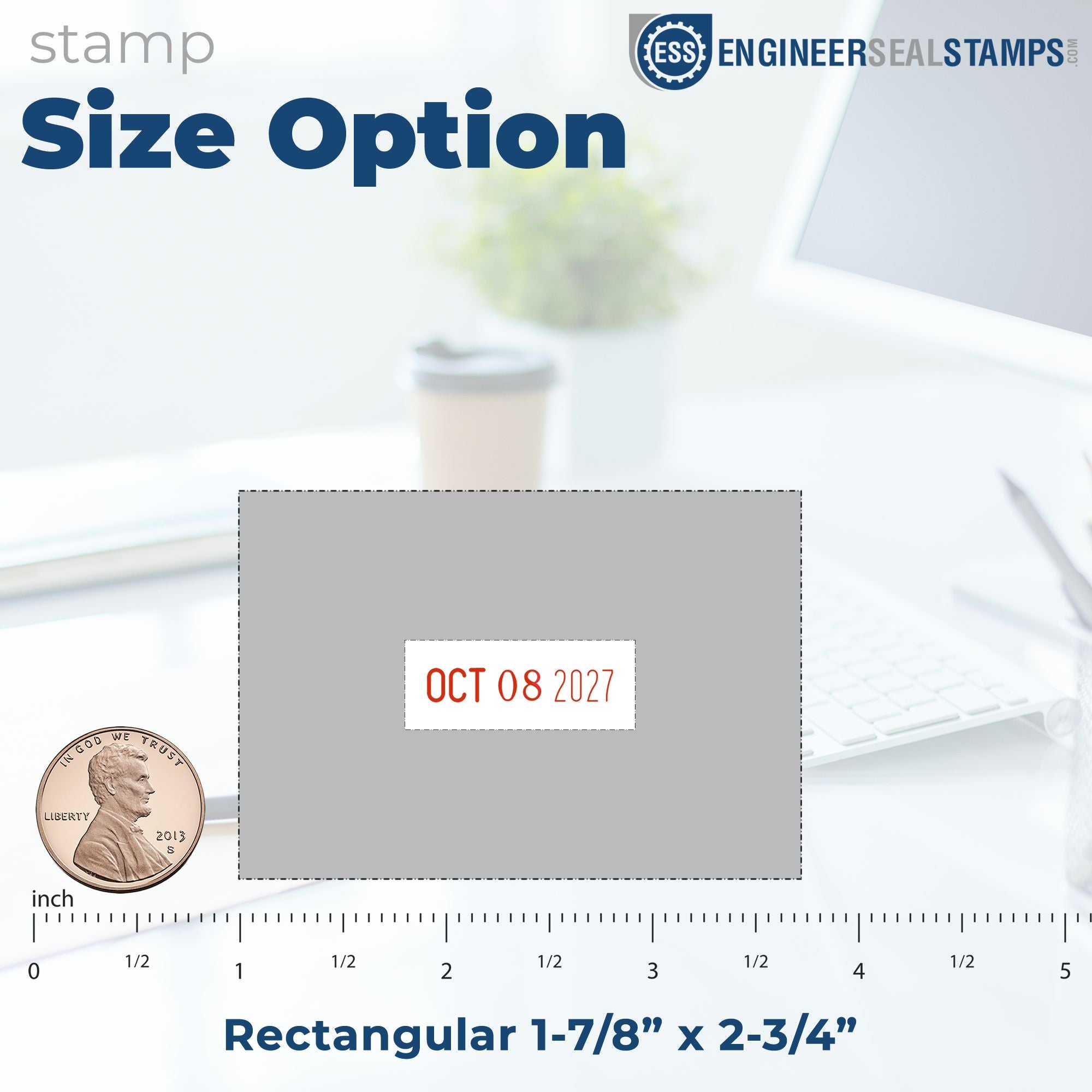 Rectangular gray date stamp and seal size option with red OCT 08 2027 imprint, blue branding, and inch ruler.