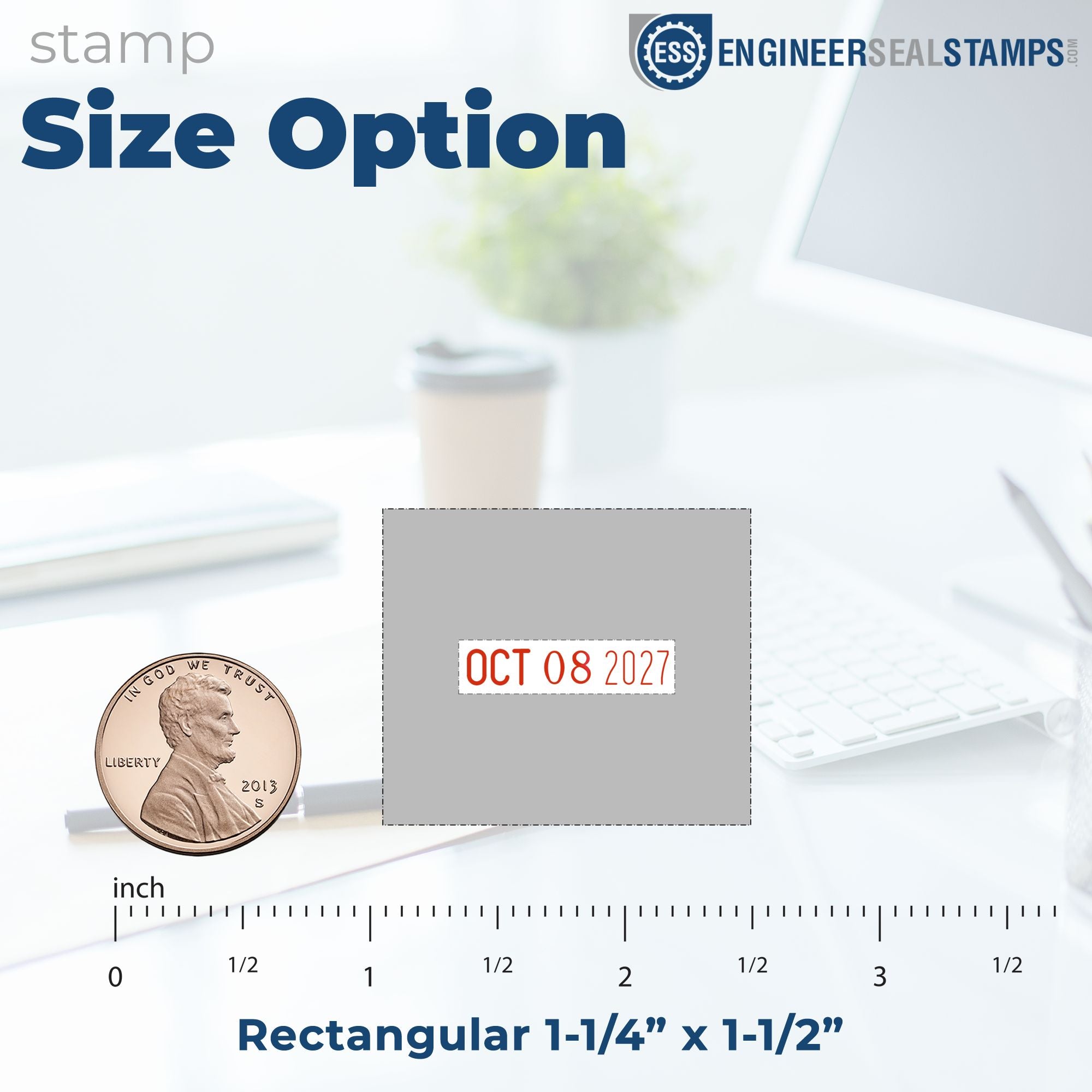 Rectangular self-inking stamp and seal, gray with red OCT 08 2027 imprint, shown with quarter for 1-1/4 x 1-1/2 size.