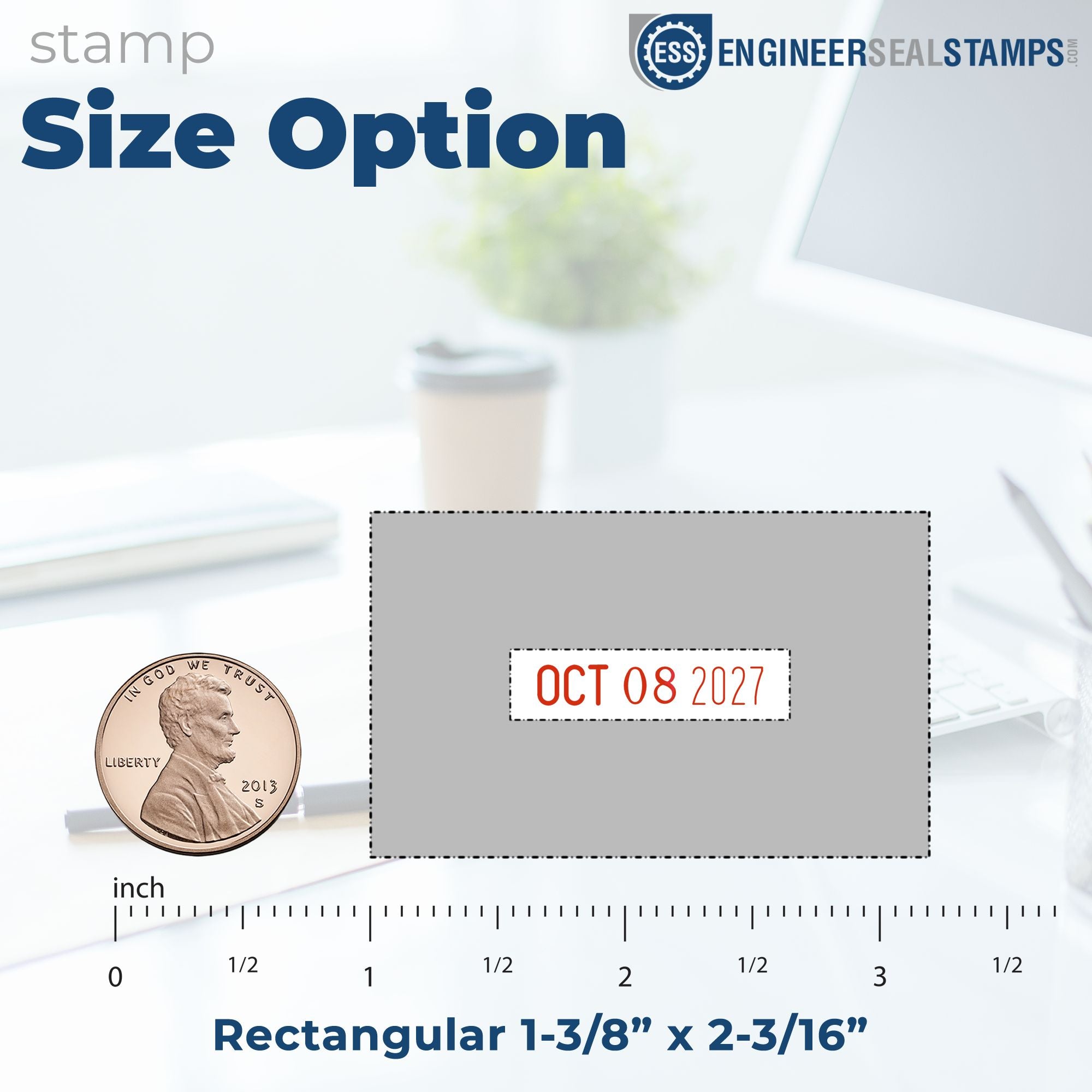 Blue and gray rectangular stamp and seal size option graphic with red date text, ruler, and penny for scale