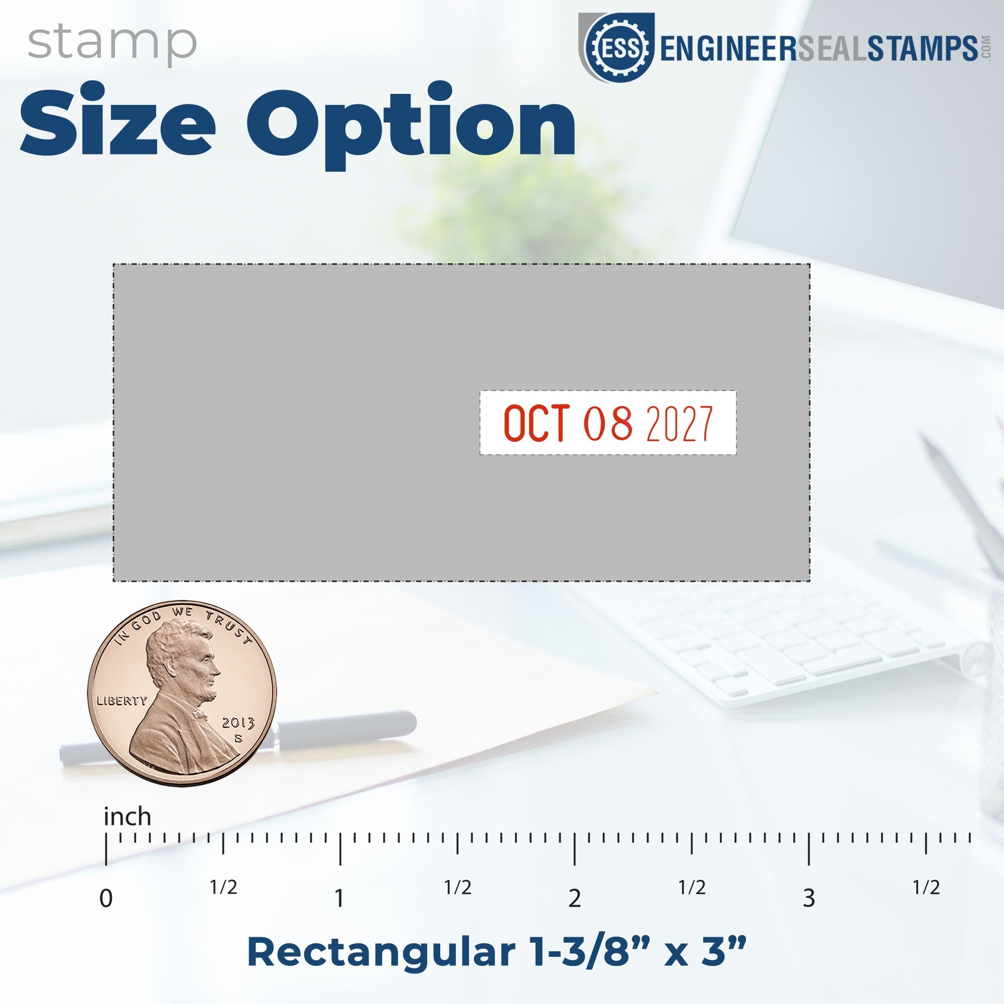 Blue and gray rectangular stamp size option, 1-3/8 x 3 inches, with red date imprint and seal stamp branding.