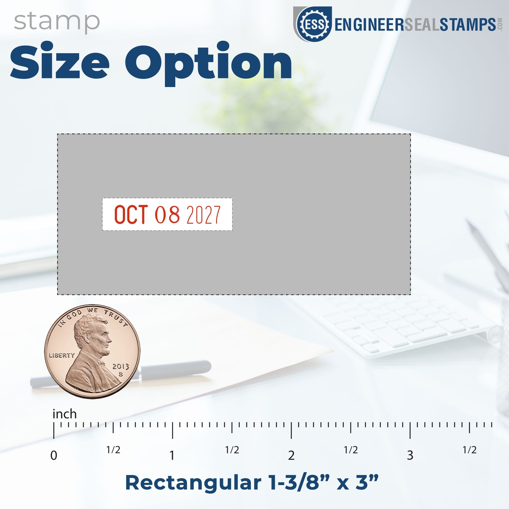 Rectangular stamp and seal size option with gray imprint area, red OCT 08 2027 date, and blue EngineerSealStamps branding.