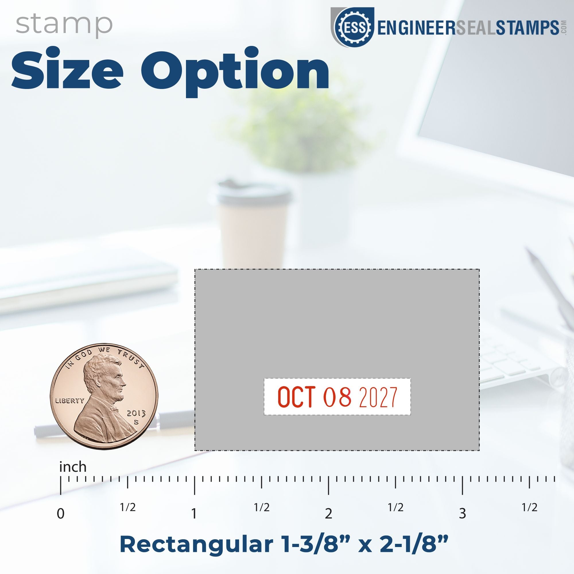 Blue-and-gray rectangular stamp and seal size option with red date text, coin scale, and inch ruler.